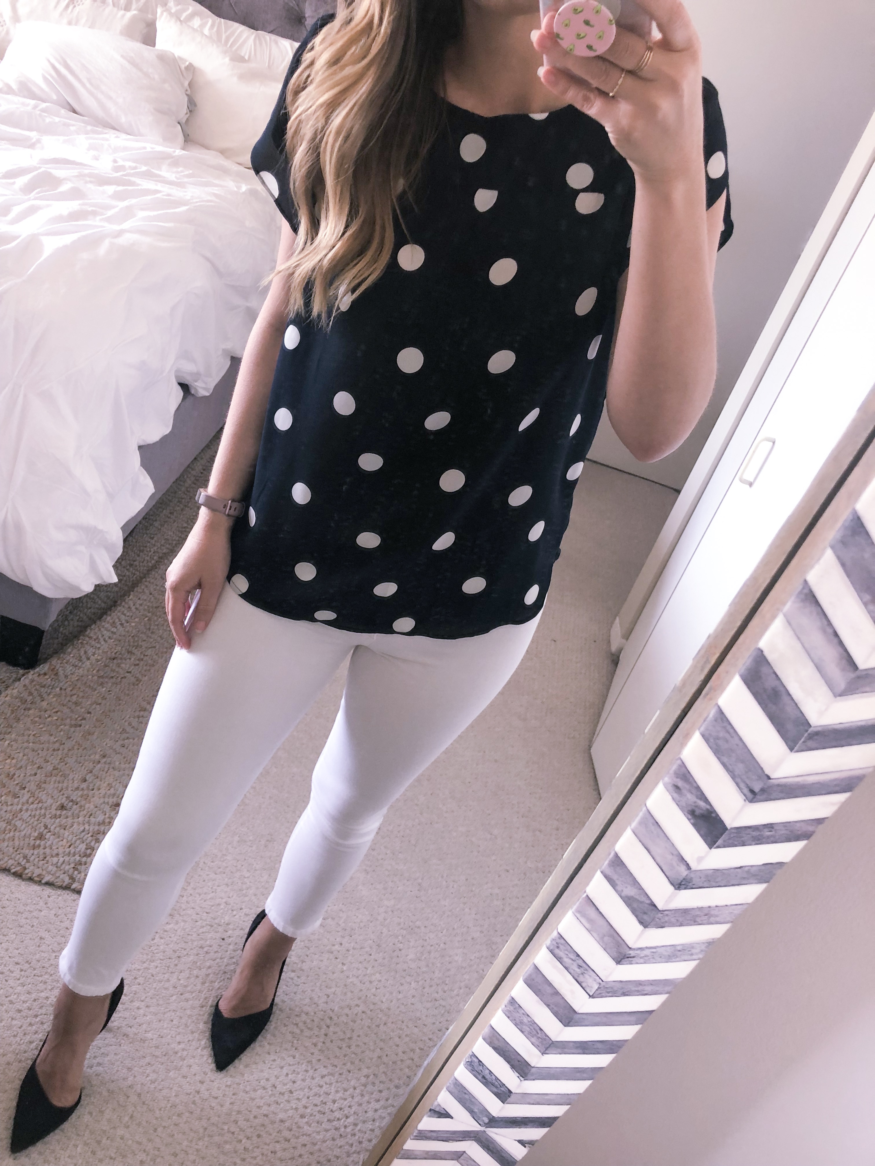 navy polka dot top