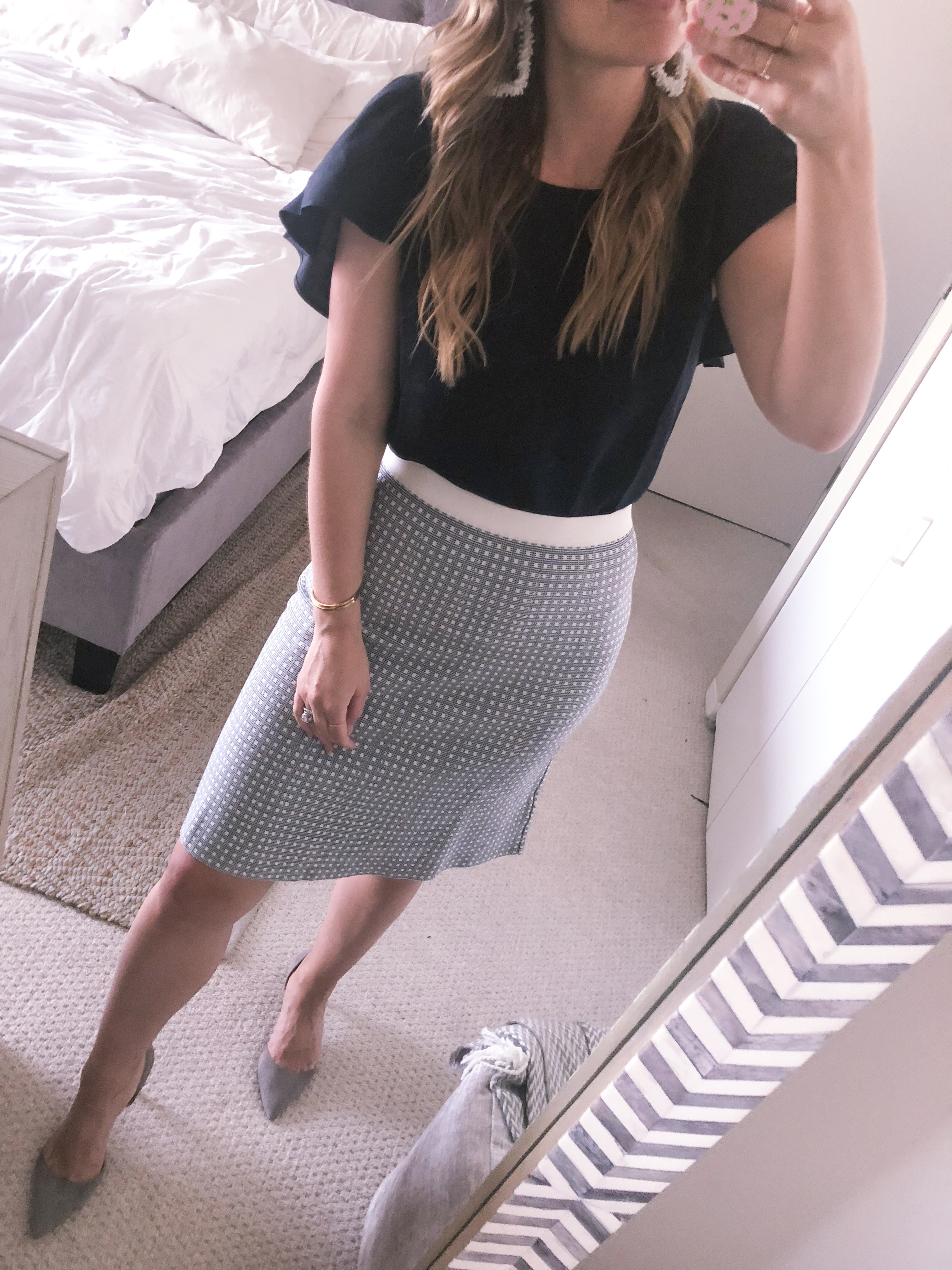 knit pencil skirt and navy top