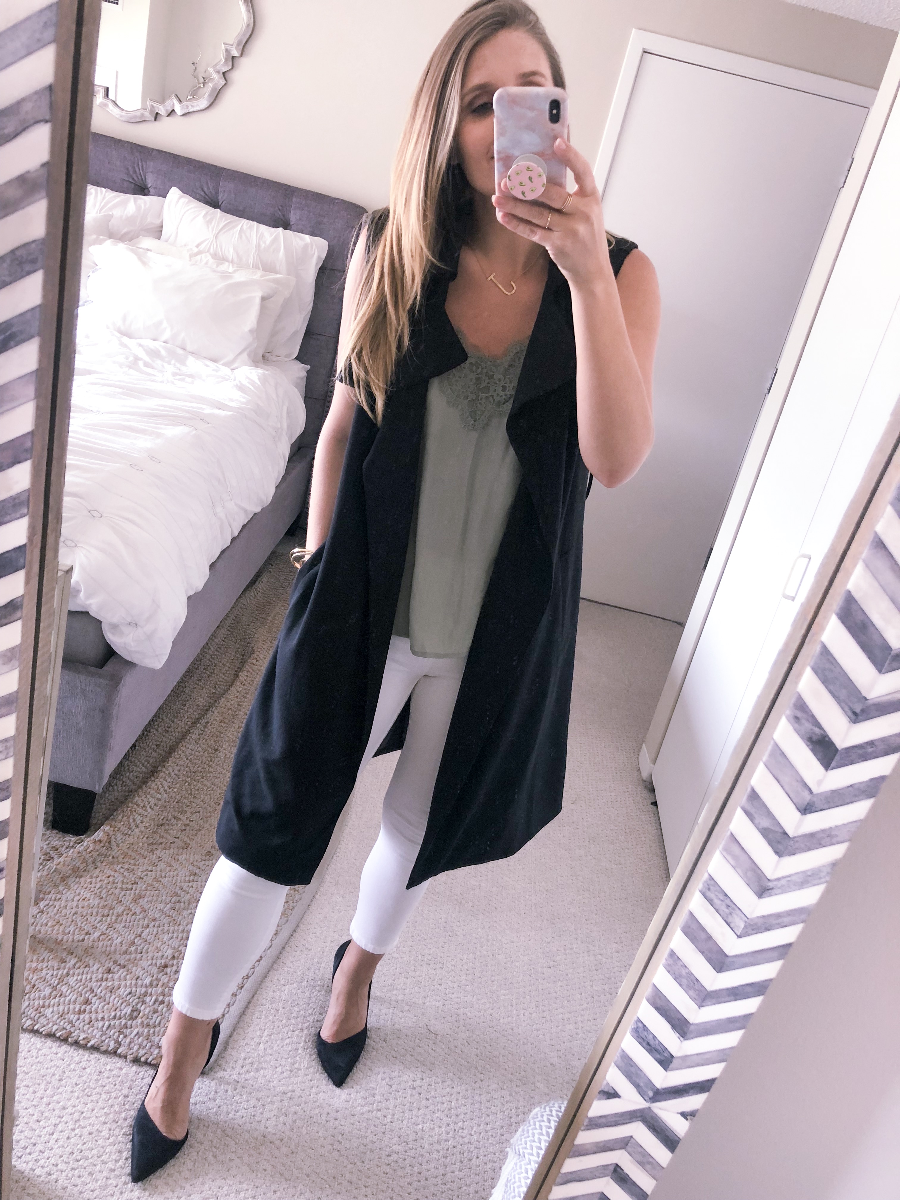 long black vest and olive cami