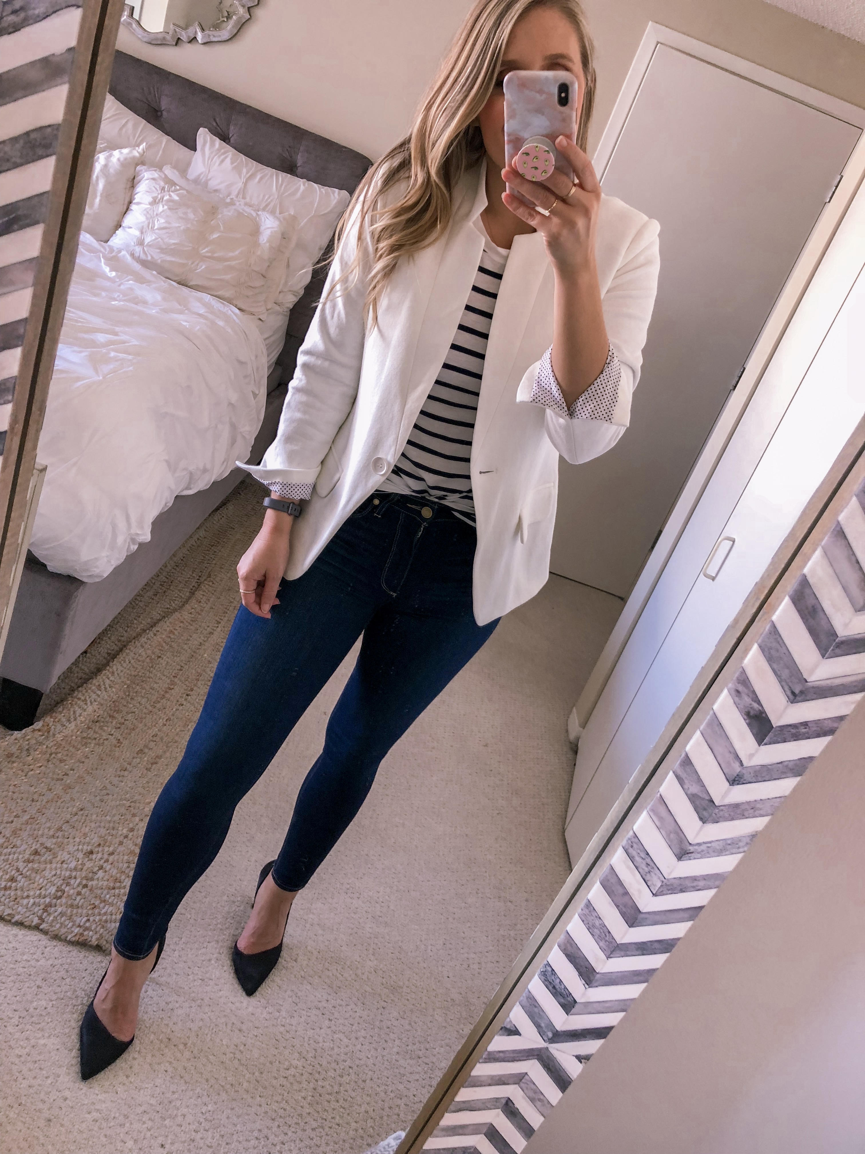 Visions of Vogue shares an Olivia Moon White Cotton Blazer, Aerie Striped Tee, and high waist skinny jeans for a business casual work outfit ideas.