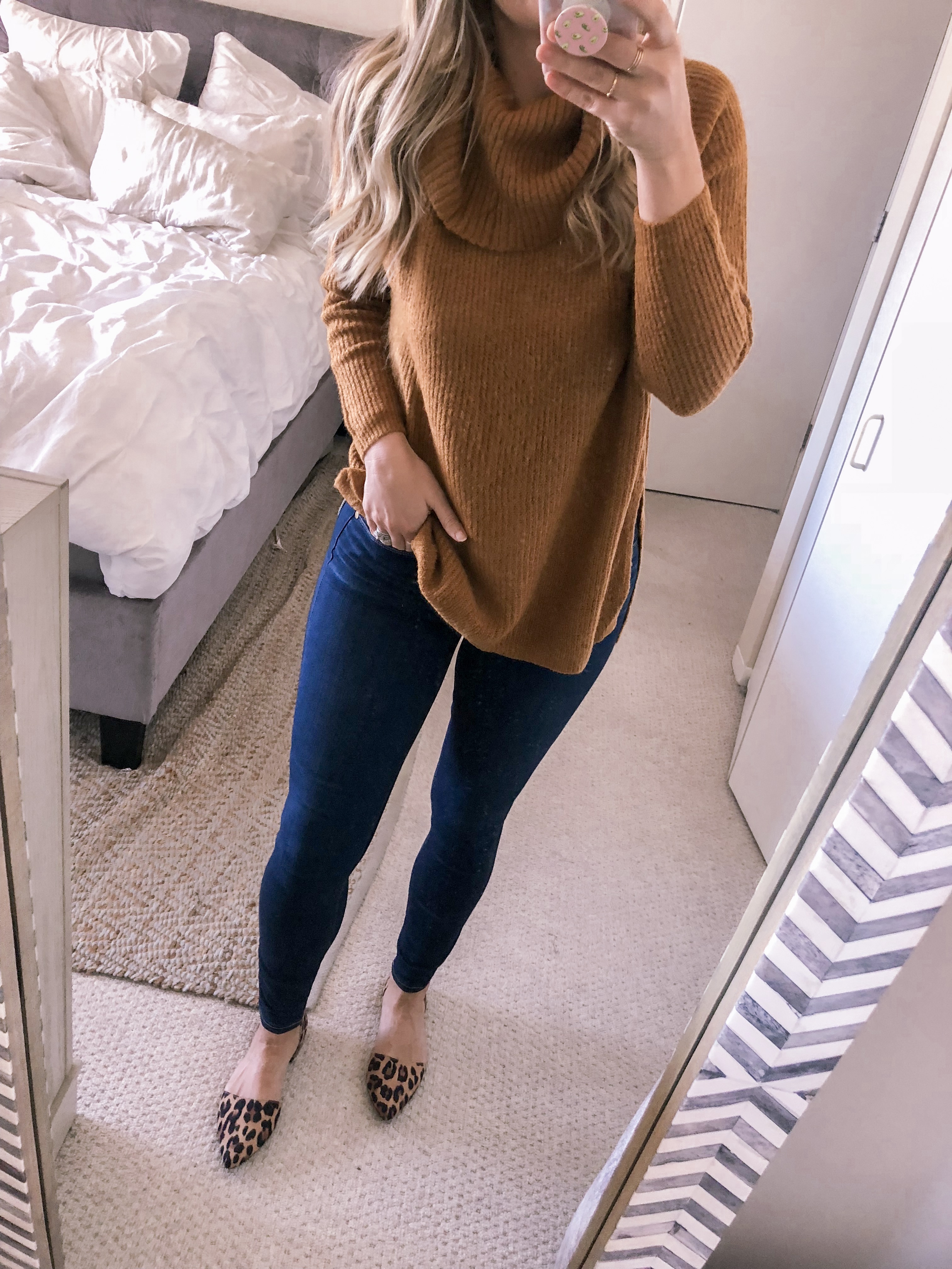 Jenna Colgrove wears an affordable, cowl neck sweater from Nordstrom by Dreams for fall office outfit ides.