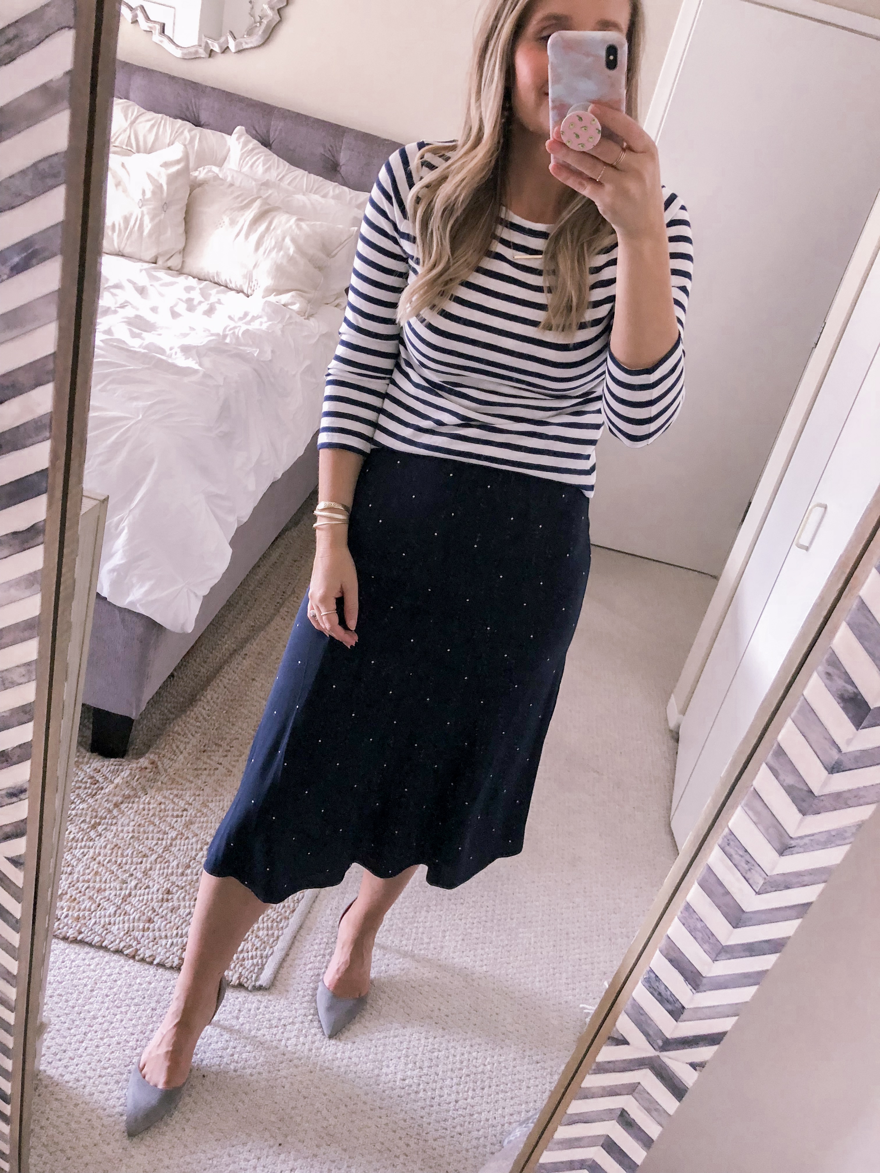 Nacy stripe J.crew top with a Vince Camuto polka dot skirt in navy for an office outfit idea.
