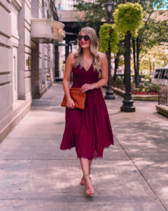 burgundy wedding guest dress with lace and tulle