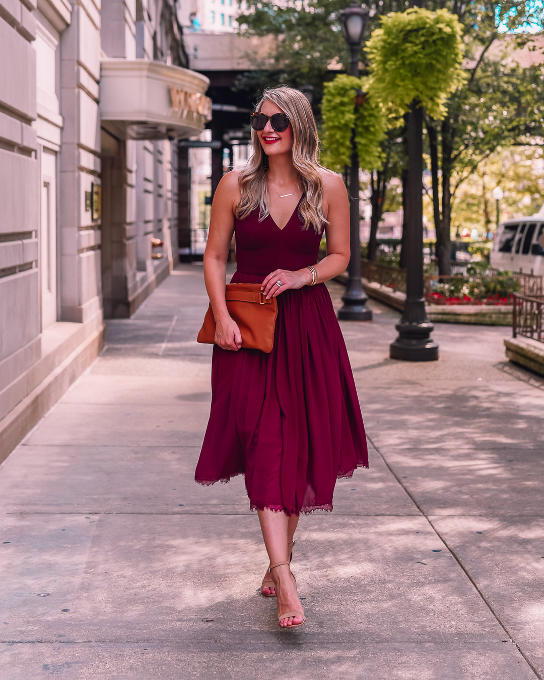 burgundy wedding guest dress with lace and tulle 