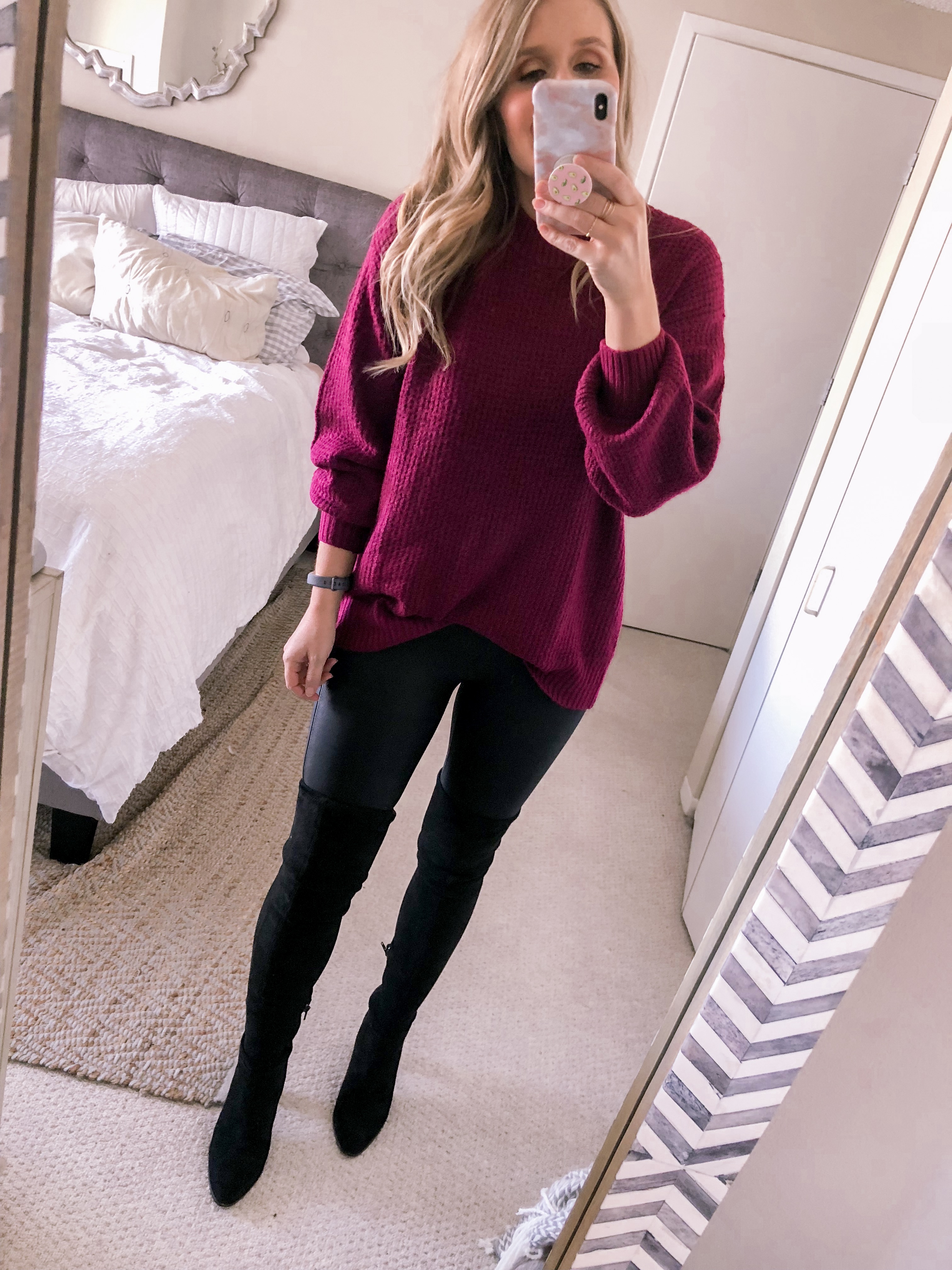 Chicago fashion blogger Visions of Vogue styles a burgundy crewneck sweater with black faux leather leggings by Spanx for the office for work outfit ideas.