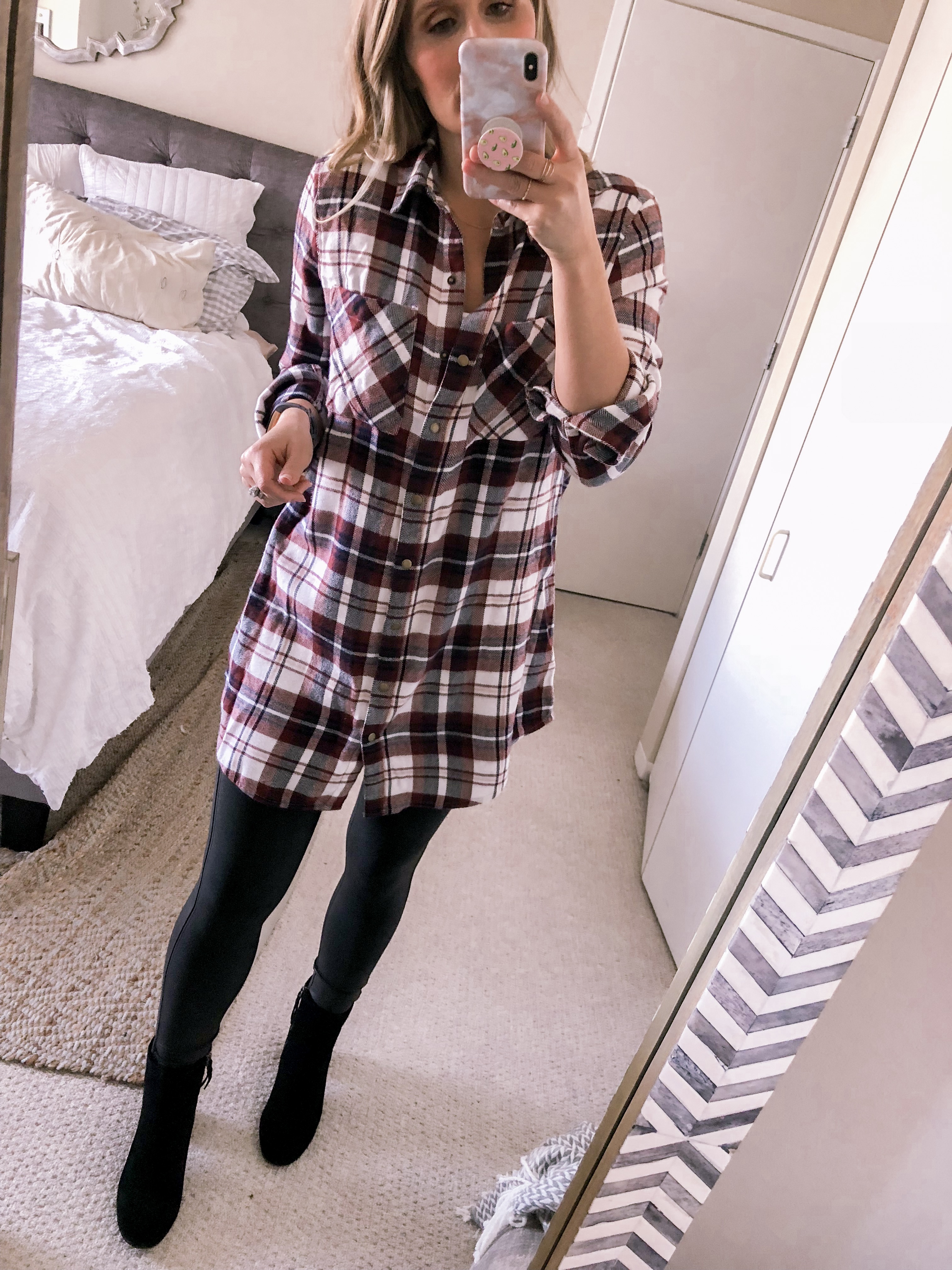 Jenna Colgrove, Chicago fashion blogger, wears a plaid flannel dress with spanx faux leather leggins and suede over the knee boots to the office for a work outfit idea.