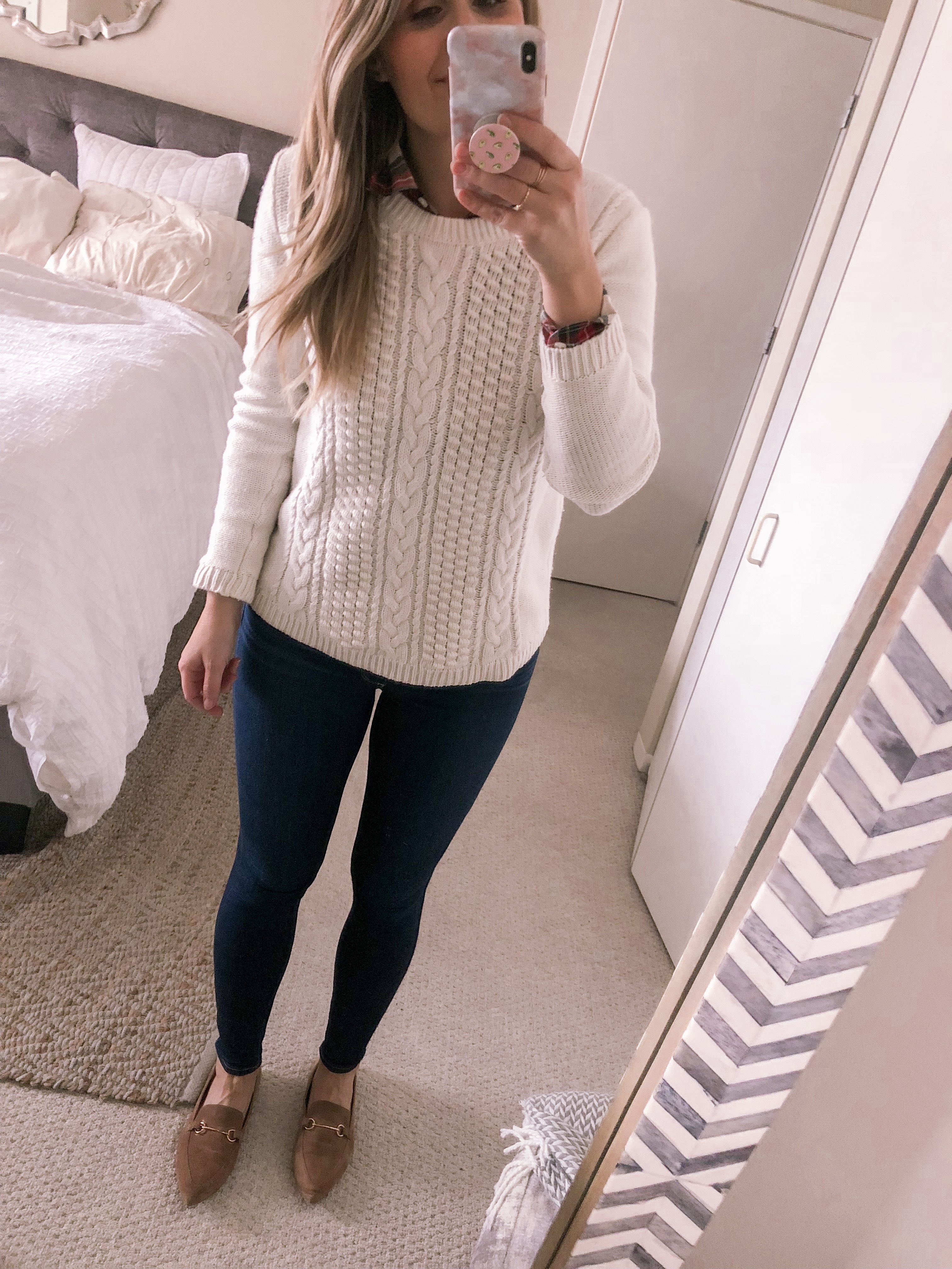 White cable knit sweater with the most comfortable plaid flannel shirt