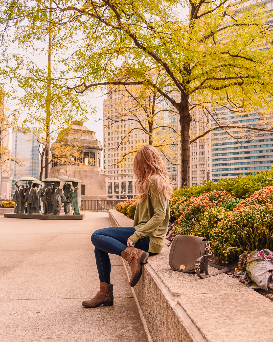 chicago fashion blooger styles an Aerie olive green sweater with zappos booties