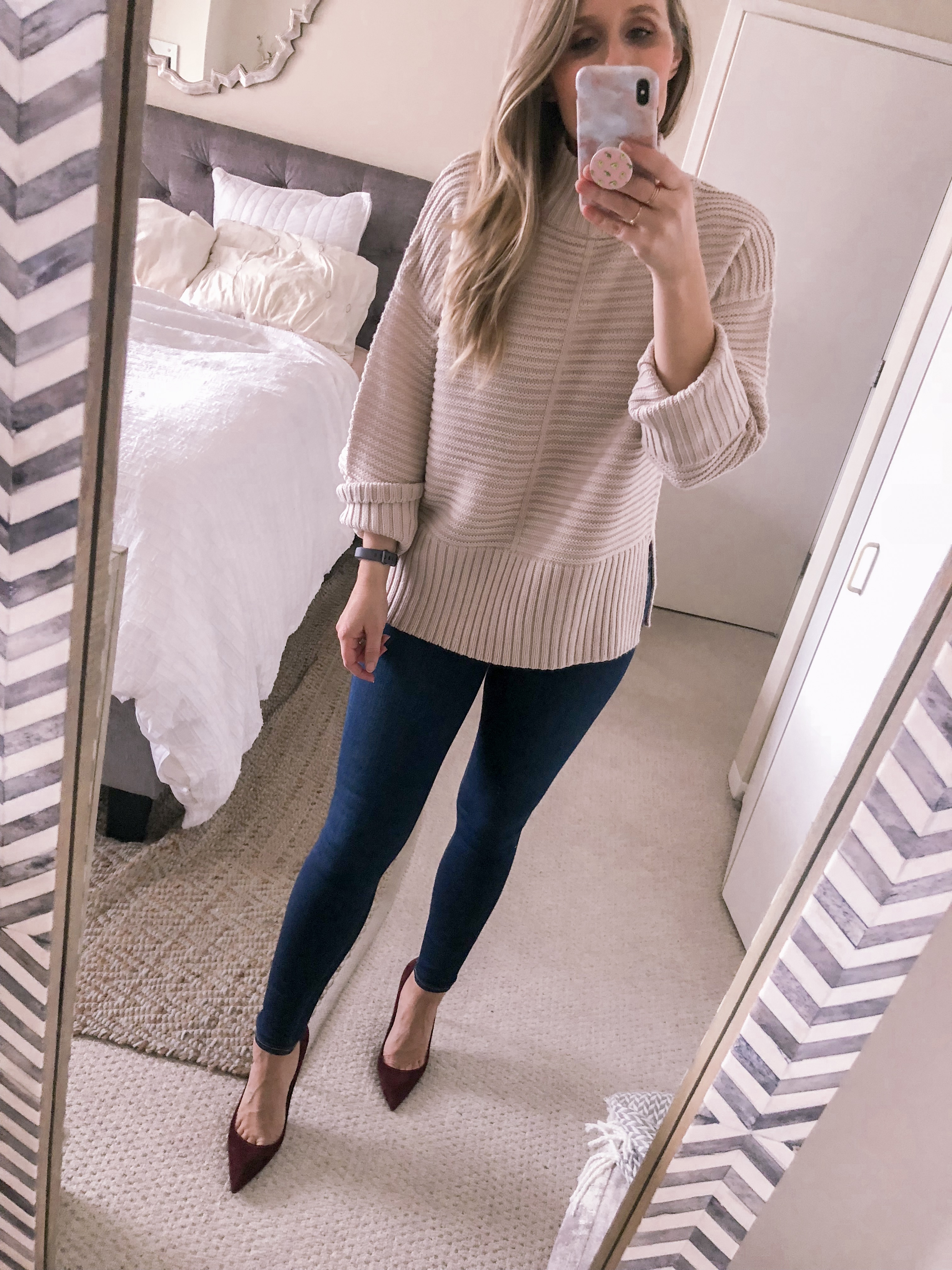 offshite mockneck sweater with burgundy pumps