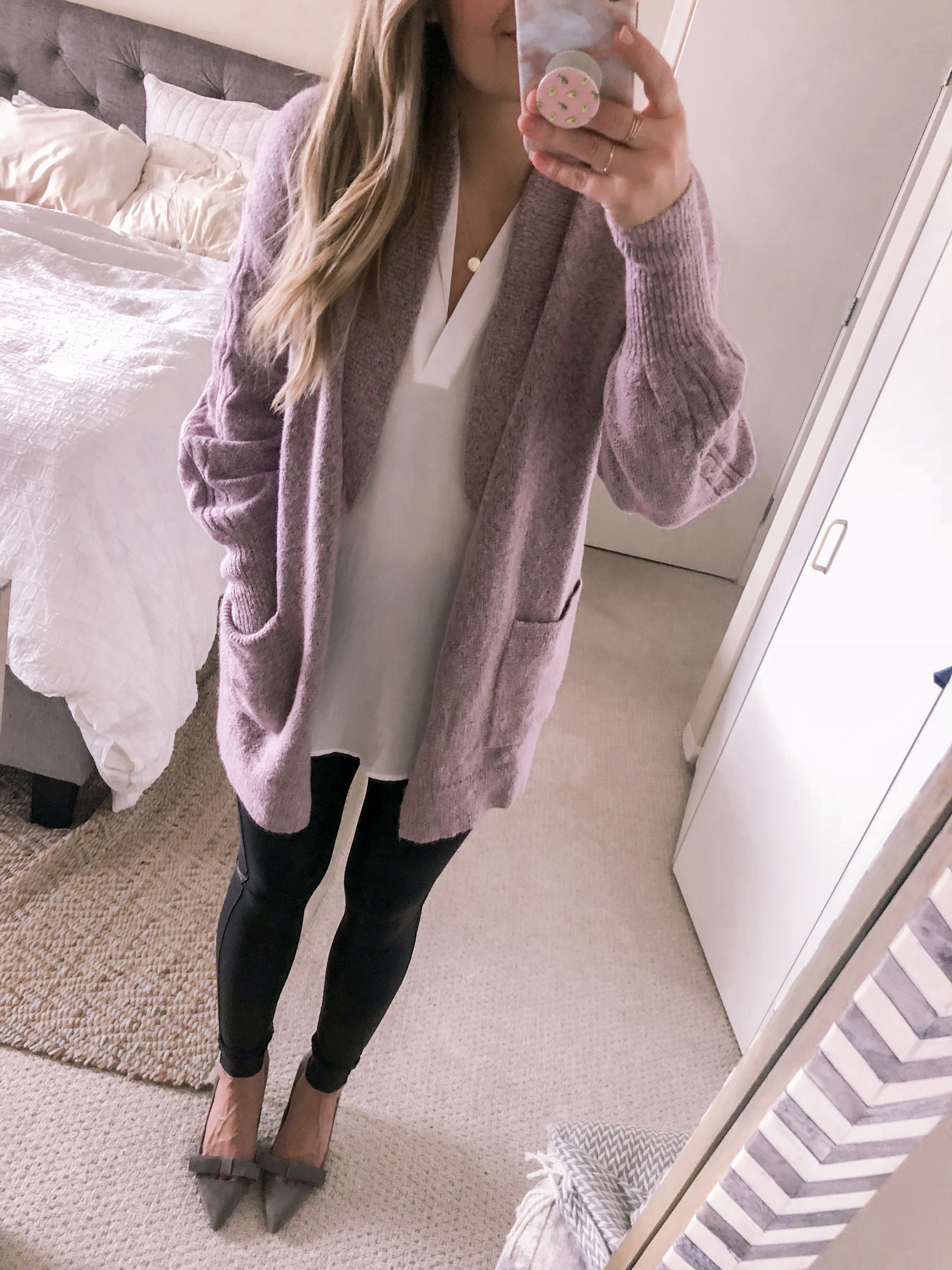 lavender heathered cardigan with spanx faux leather leggings