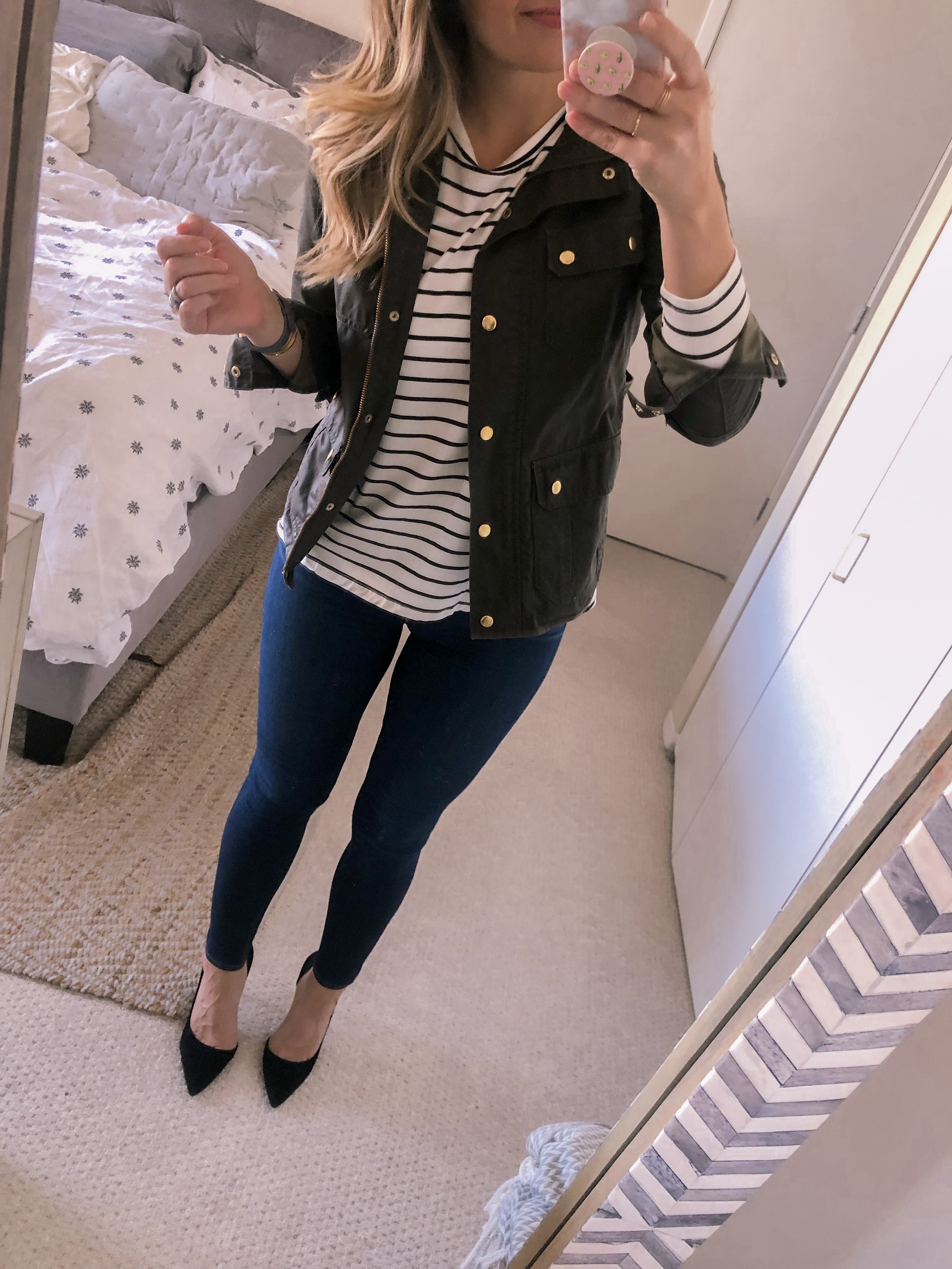 j.crew olive green military jacket with a black and white striped shirt and the best skinny jeans