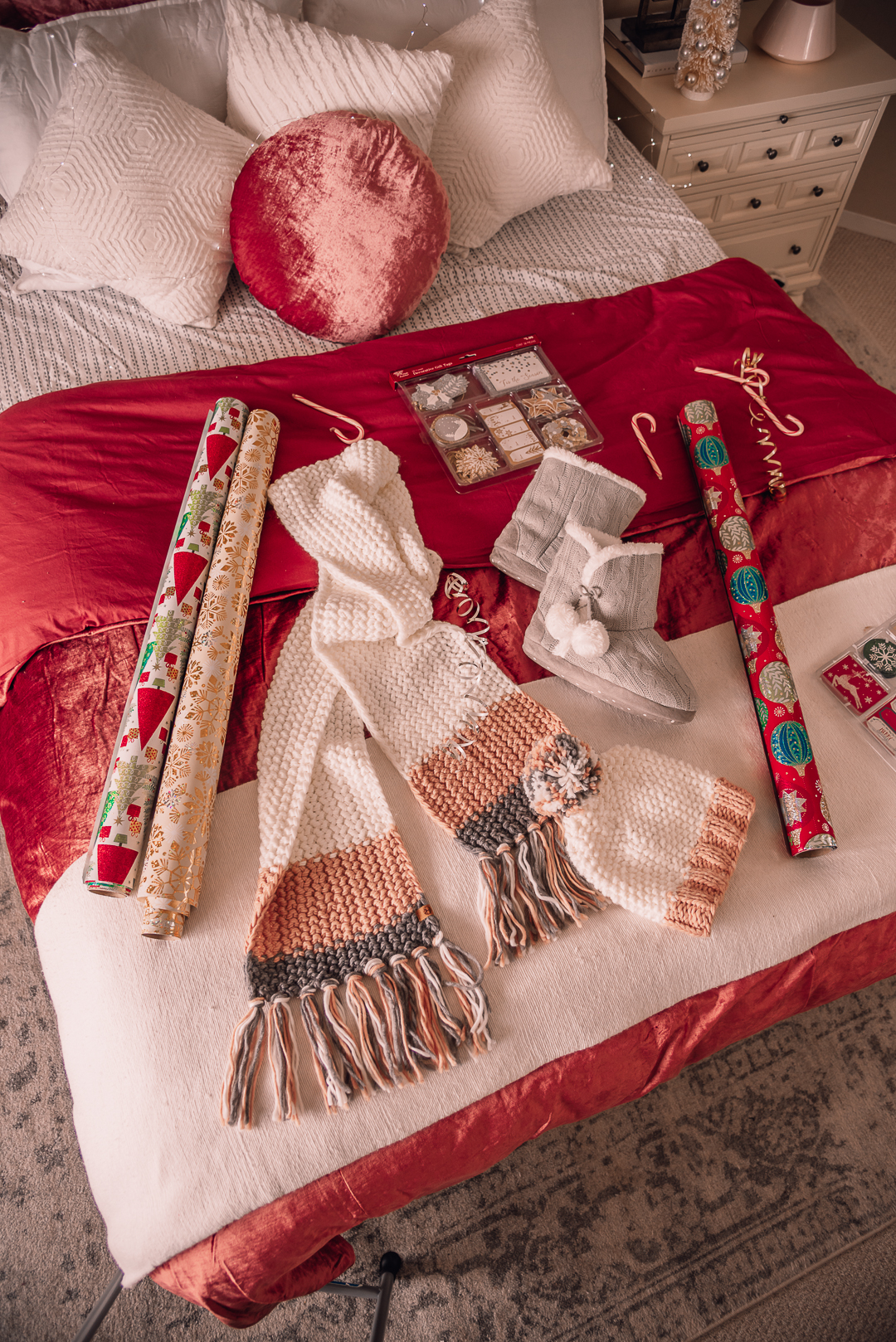 white grey and blush pink knit scarf