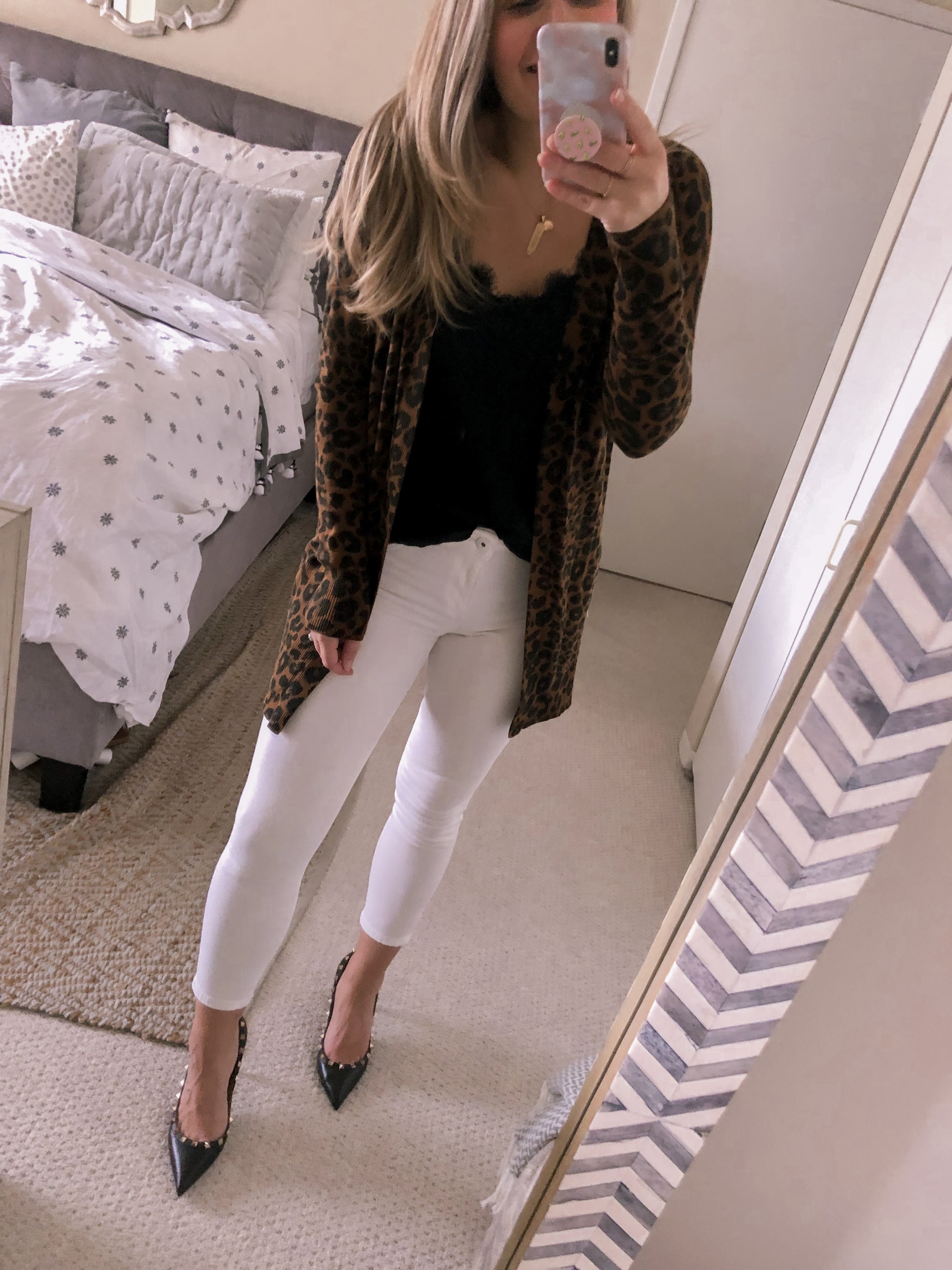 leopard cardigan and a black lace top