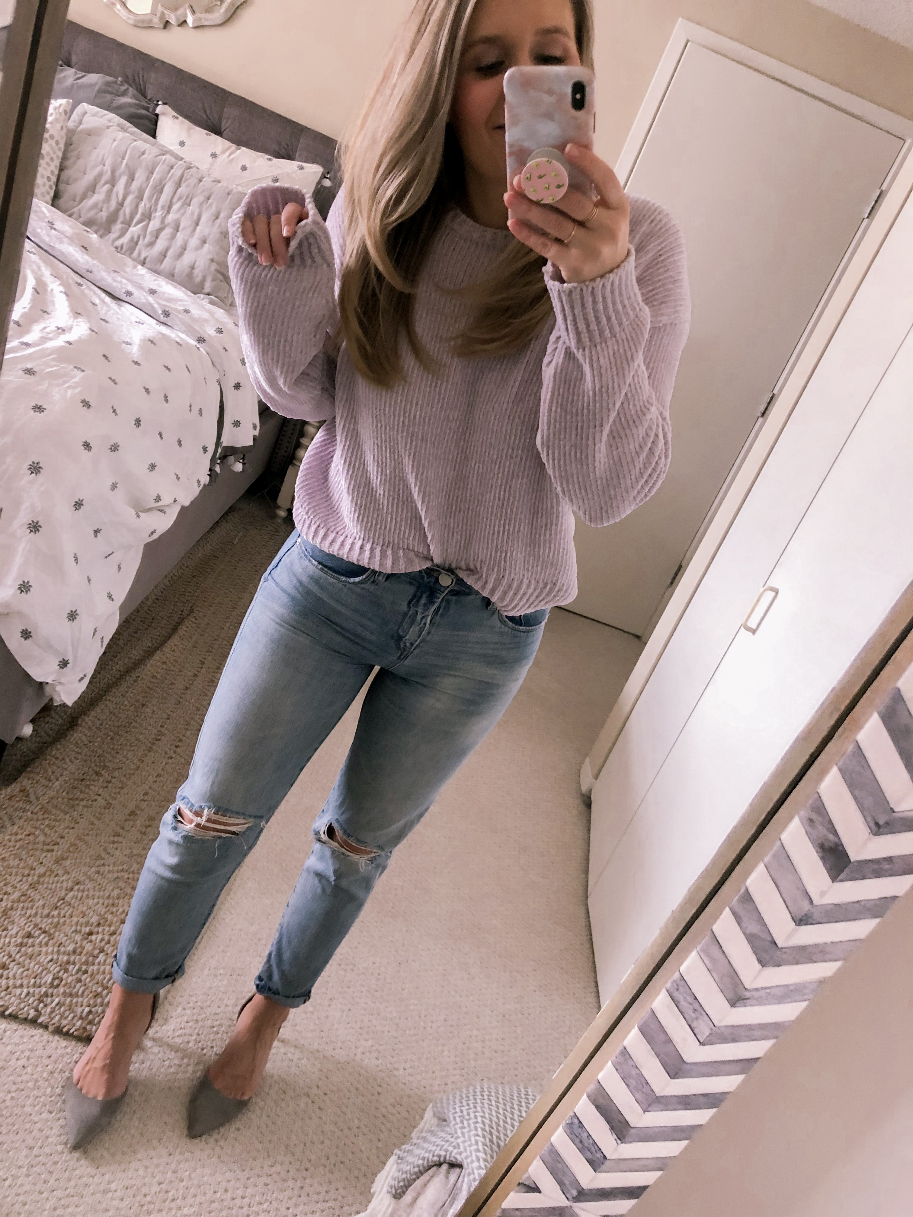 Purple chenille sweater and boyfriend jeans