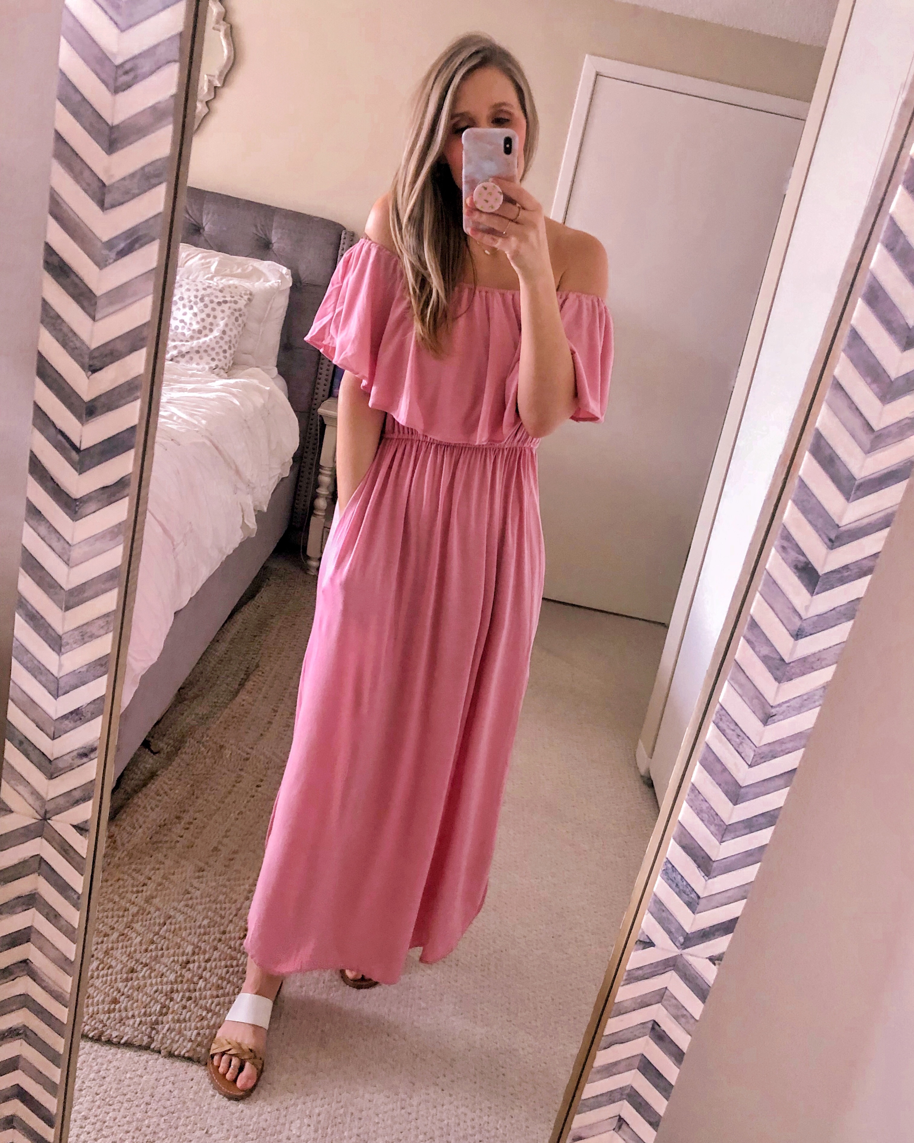 pink off the shoulder maxi dress