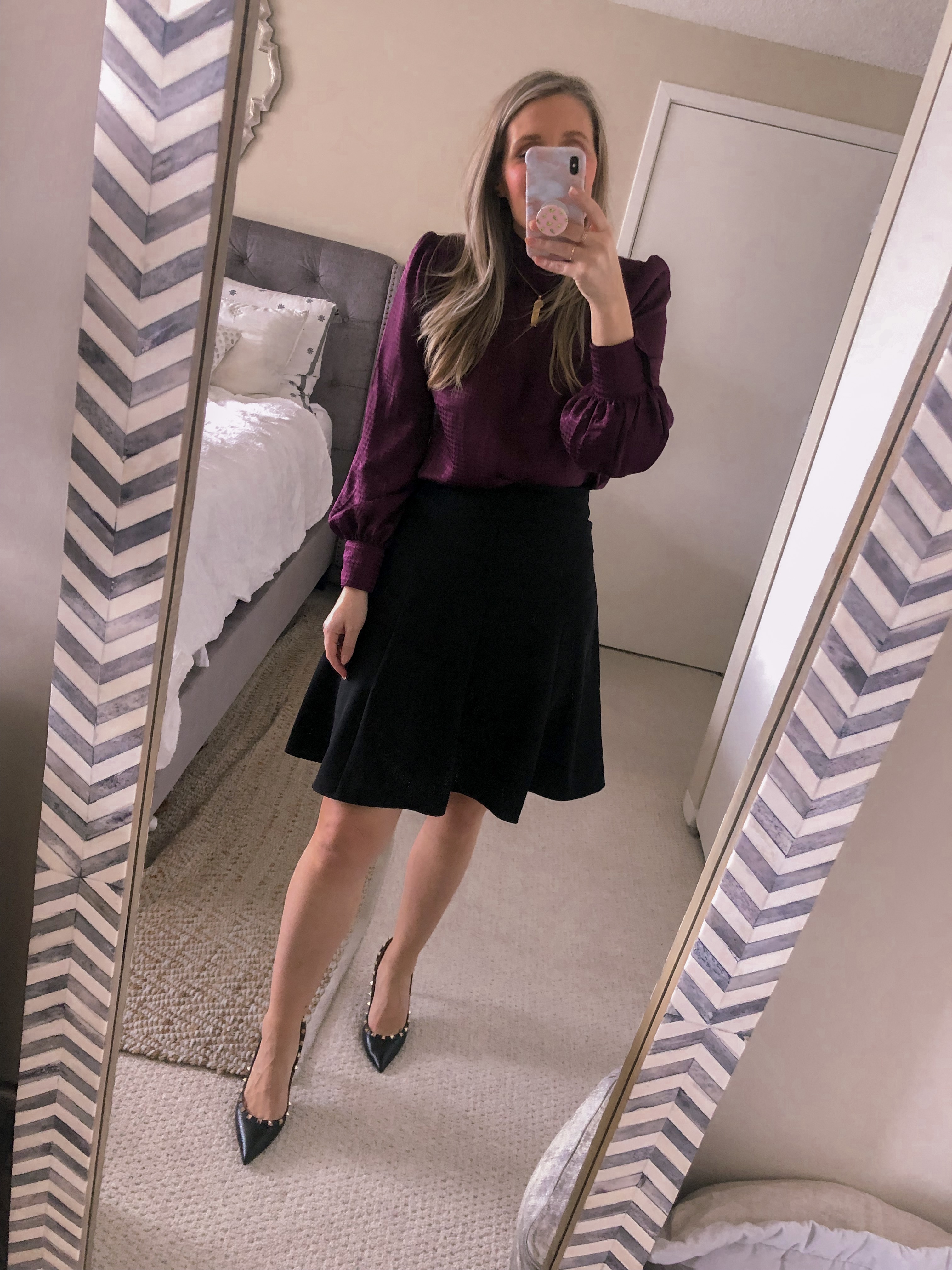 purple silk blouse and the best work skirt