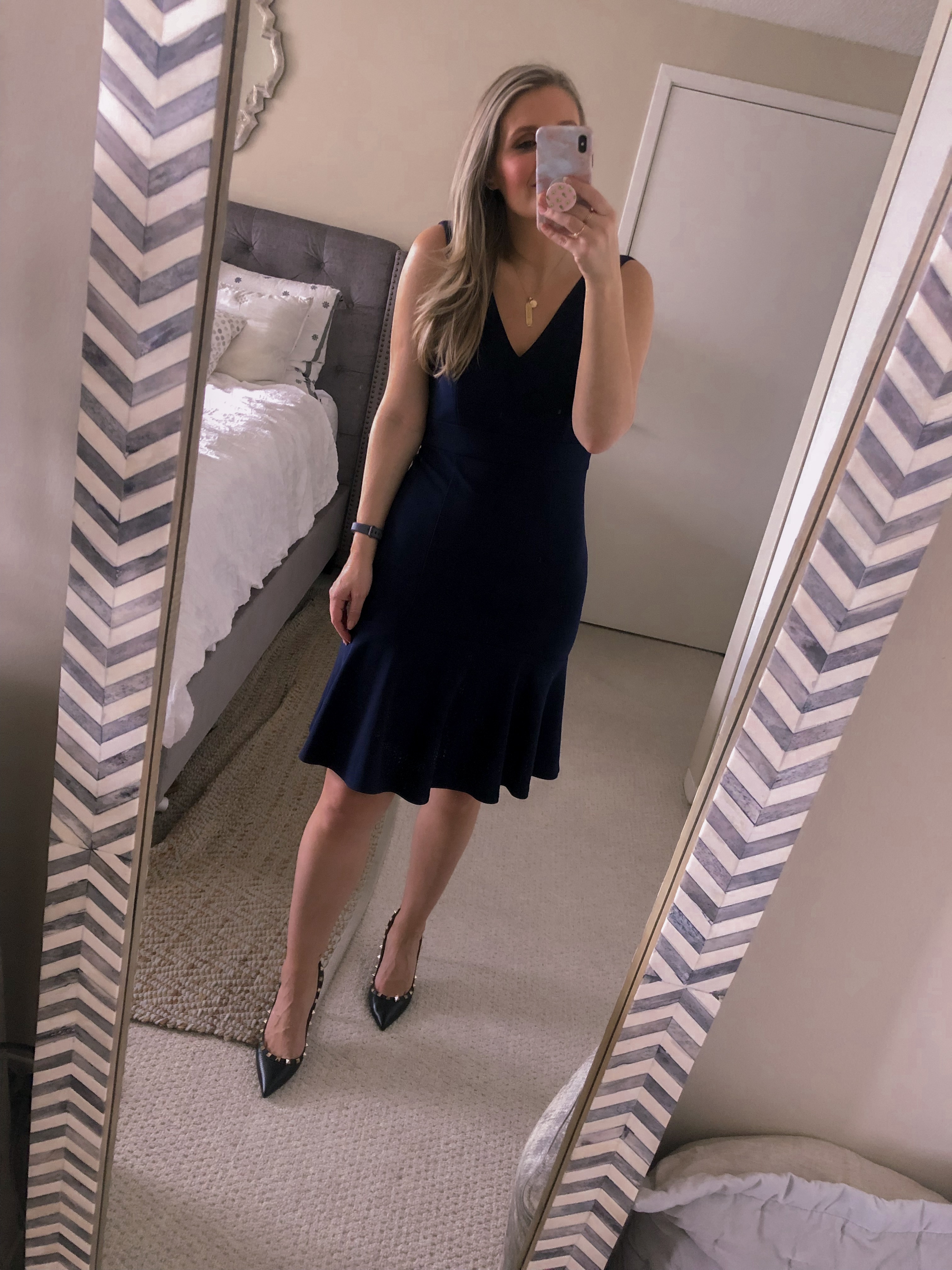 navy ruffle hem dress