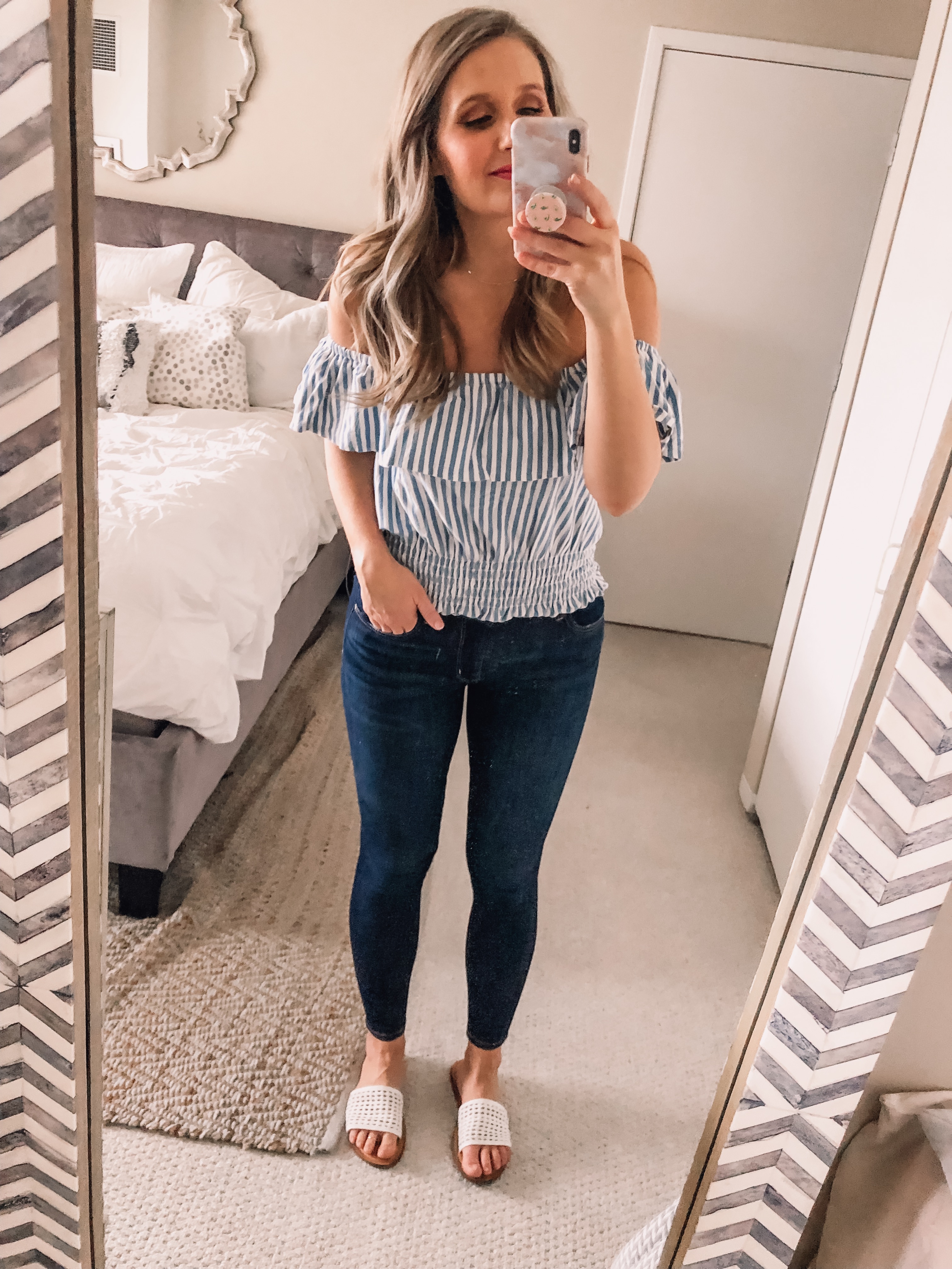 striped white off the shoulder top