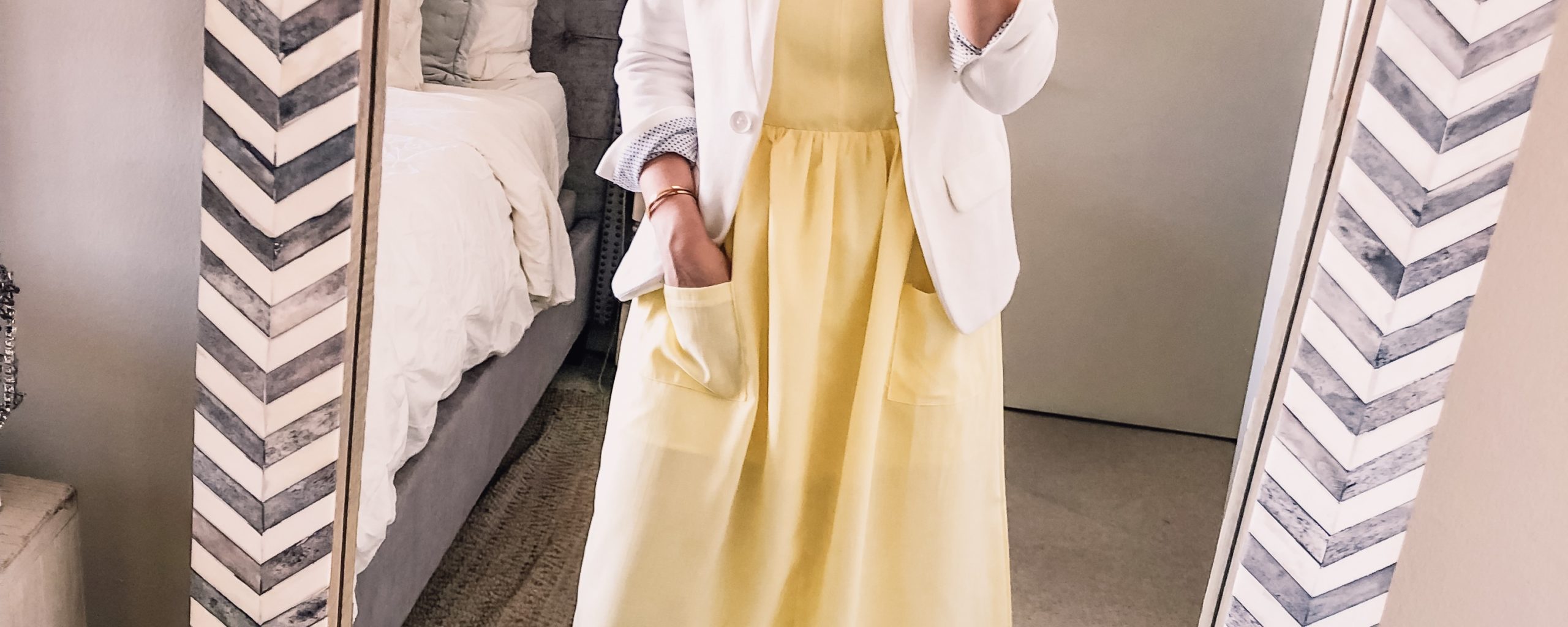 yellow summer dress and white blazer
