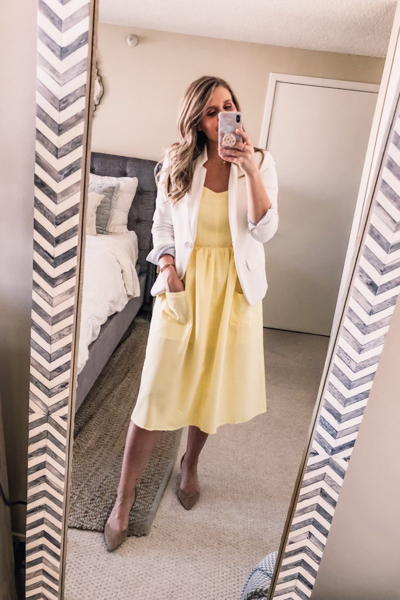yellow summer dress and white blazer