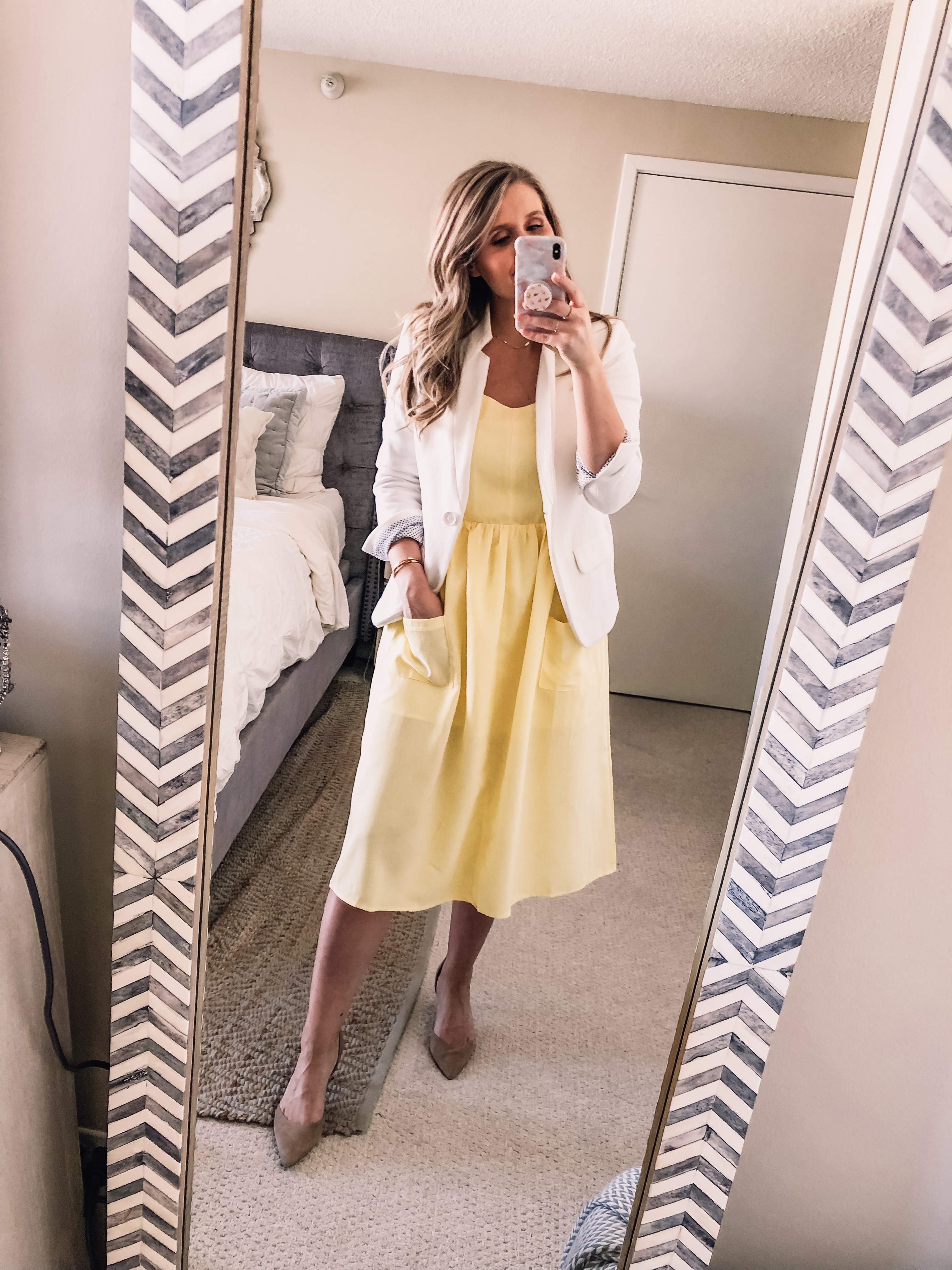 yellow summer dress and white blazer