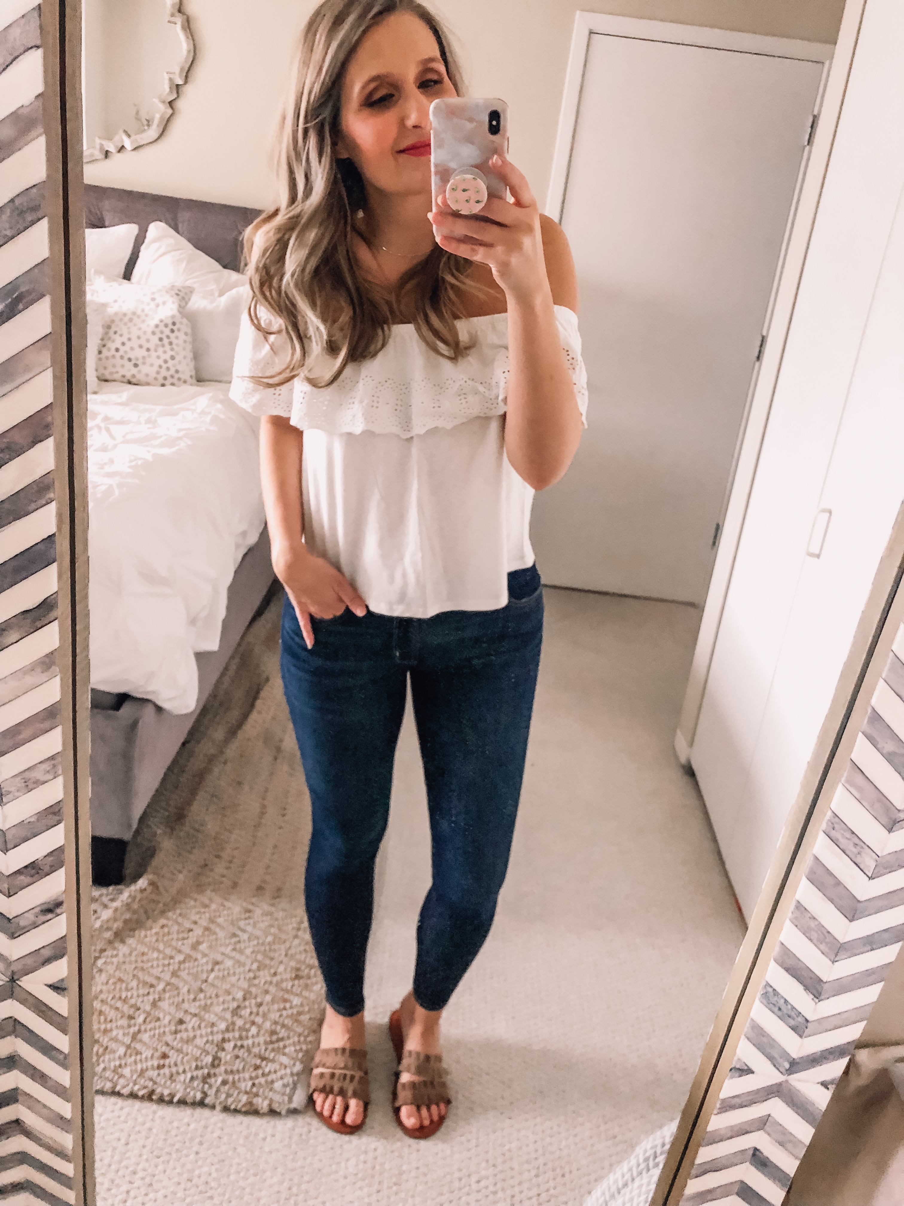 white eyelet off the shoulder top from american eagle