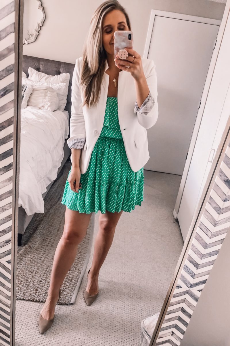 green wedding guest dress with a white blazer