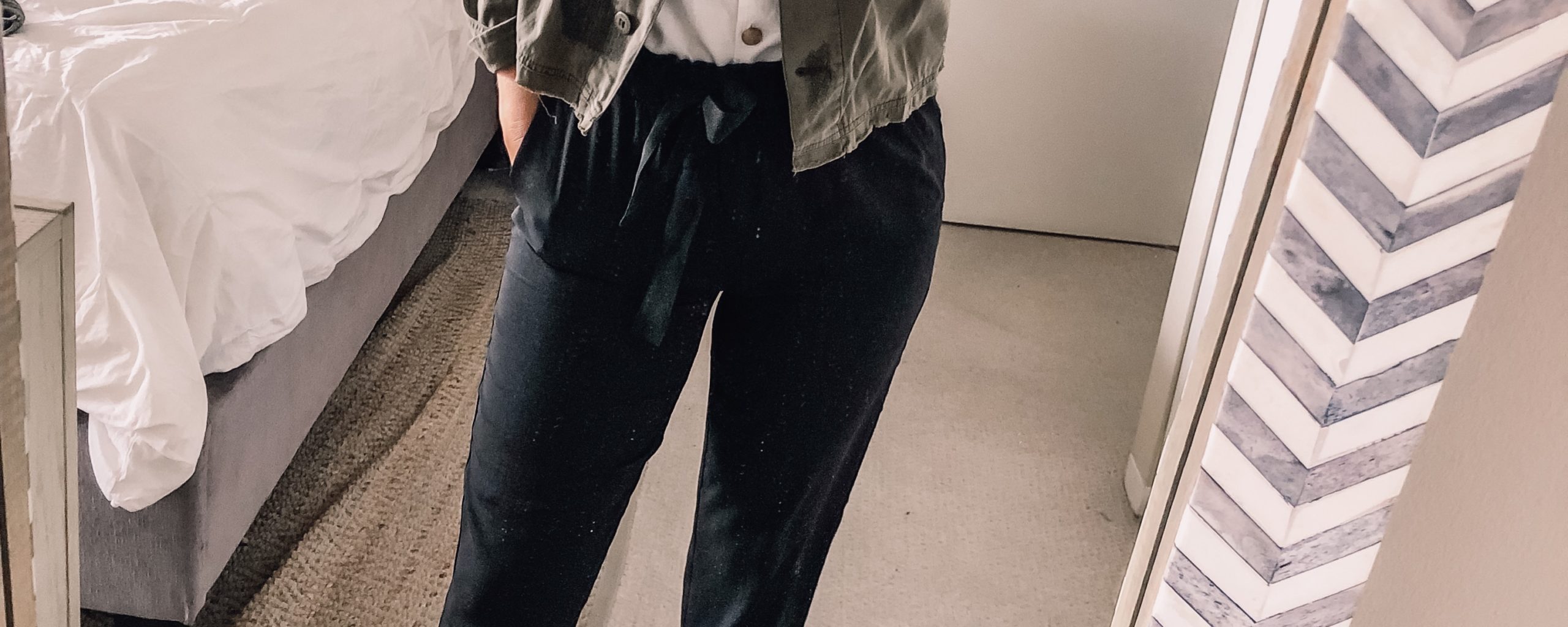 black business pants with a olive green cropped jacket