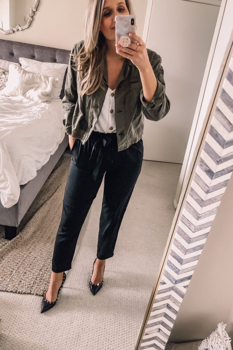 black business pants with a olive green cropped jacket