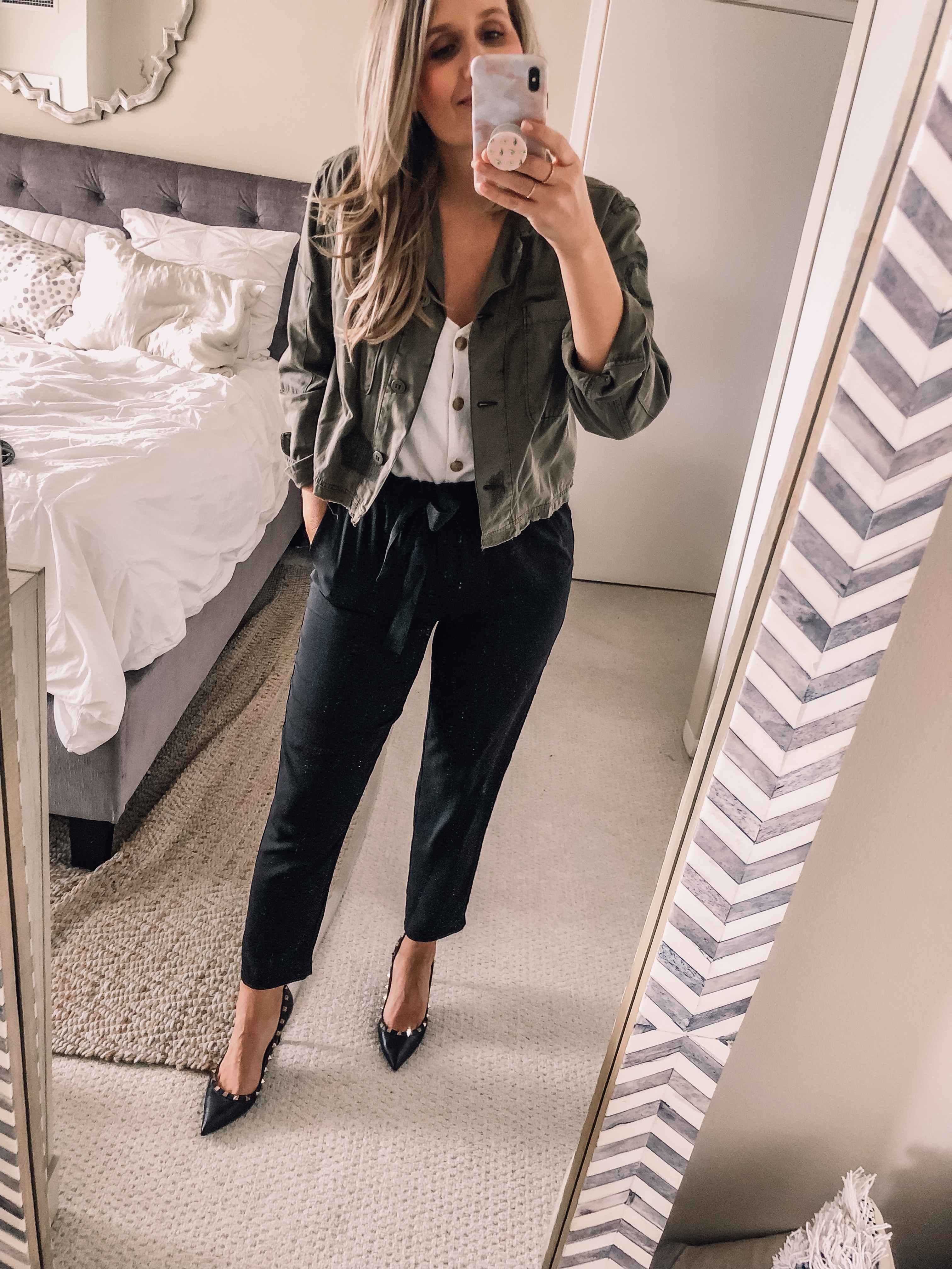black business pants with a olive green cropped jacket
