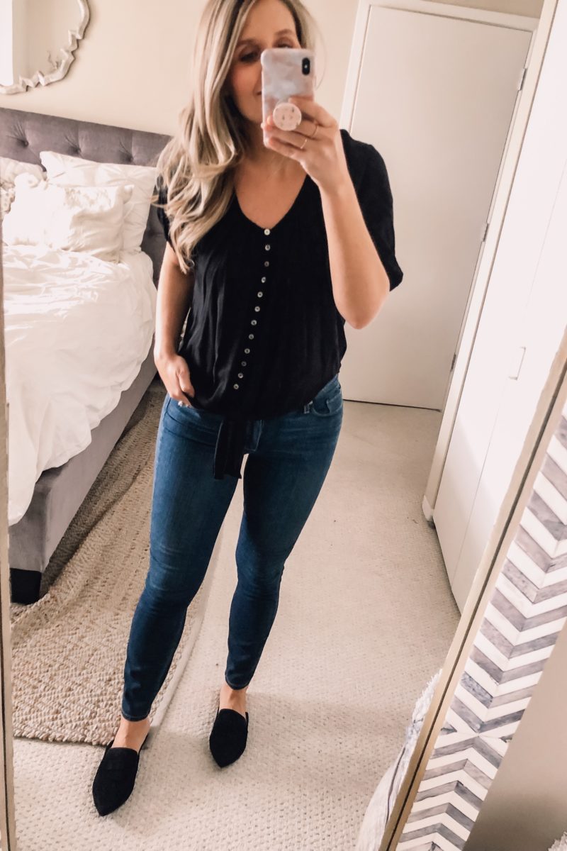 black tie front top and suede mules