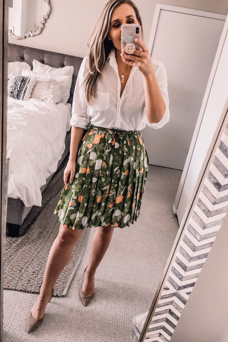 green pleated skirt from boden at nordstrom for an office outfit idea