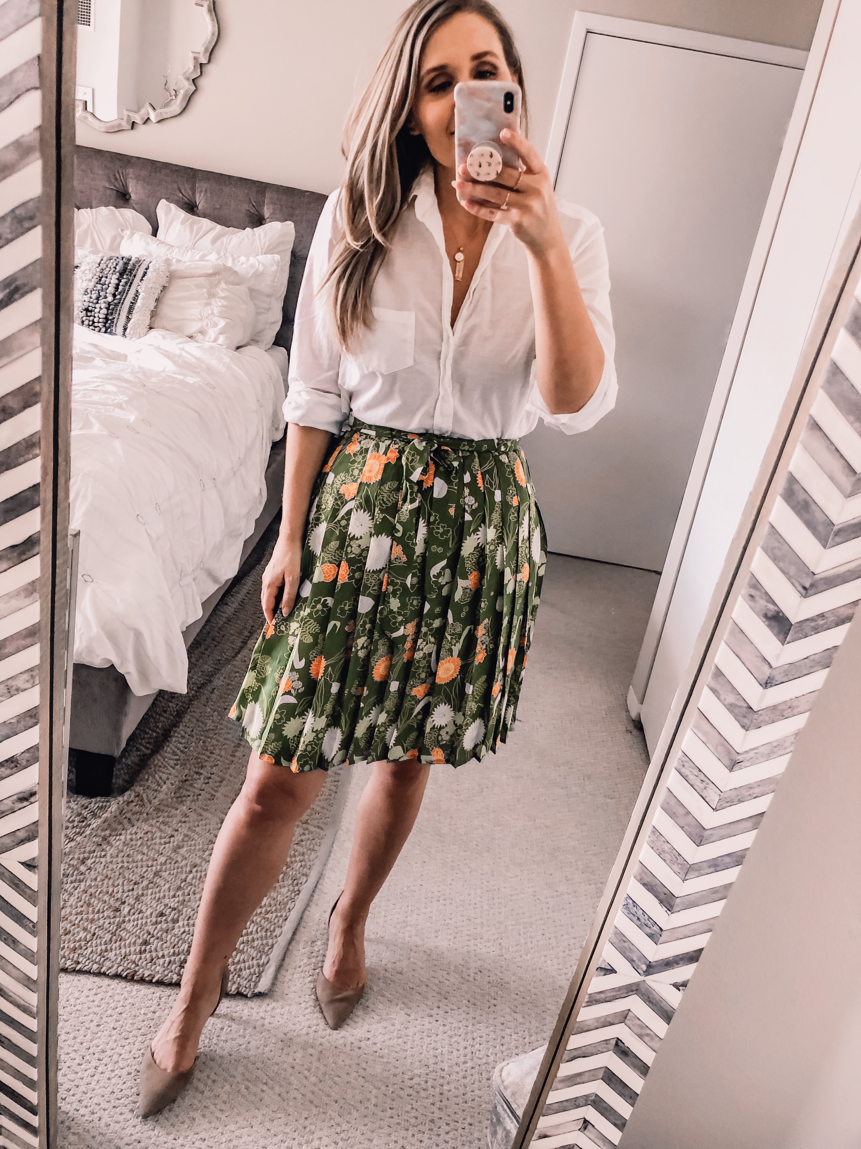 green pleated skirt from boden at nordstrom for an office outfit idea