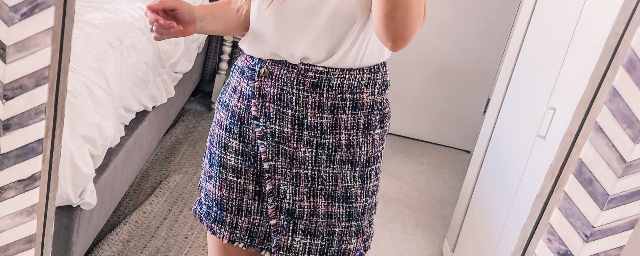 tweed skirt with a white tulip sleeve top