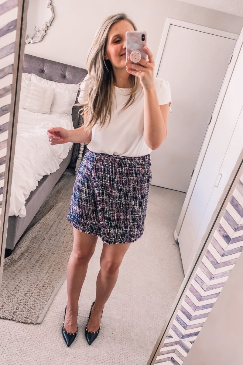 tweed skirt with a white tulip sleeve top