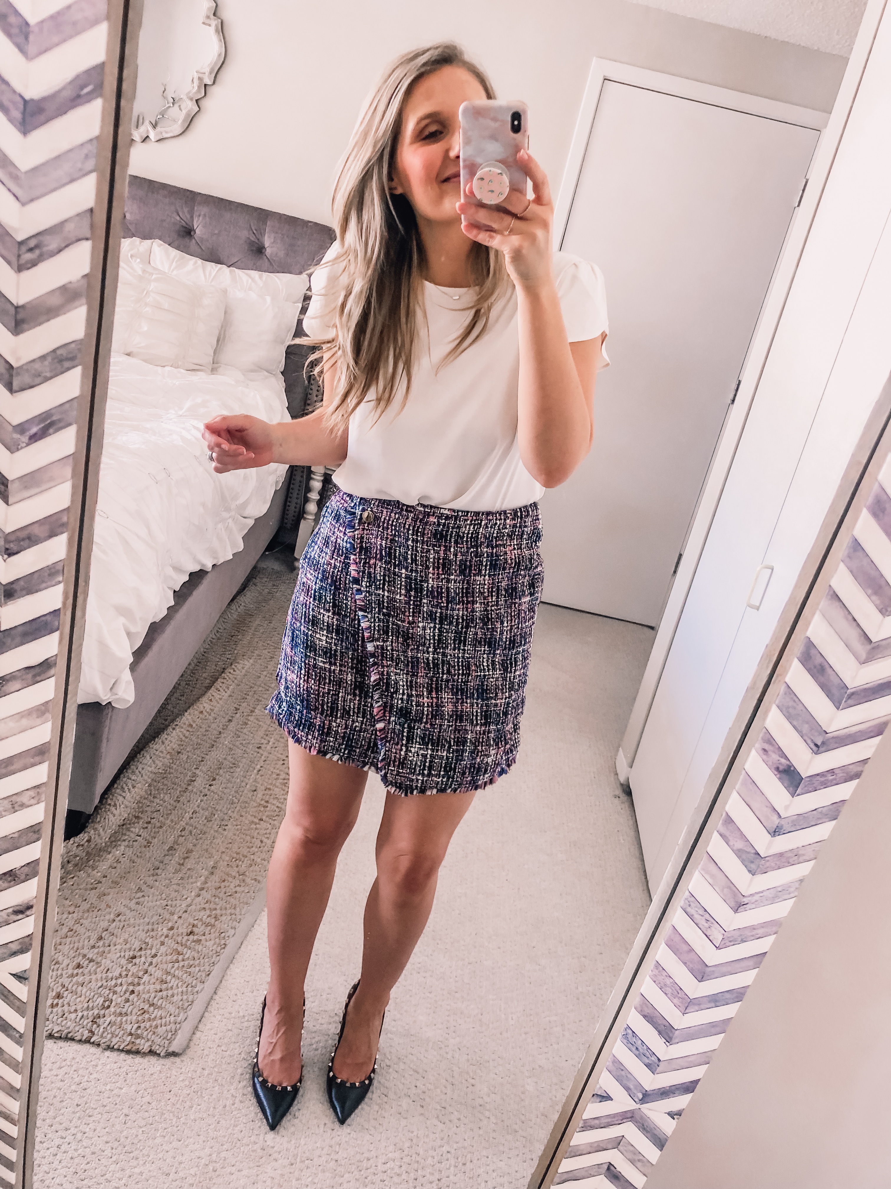 tweed skirt with a white tulip sleeve top