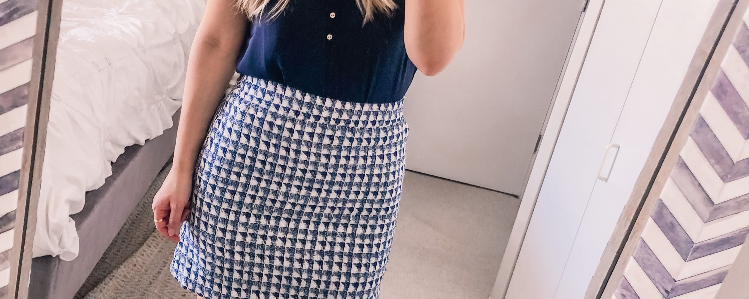 blue geometric print tweed skirt from the loft sale