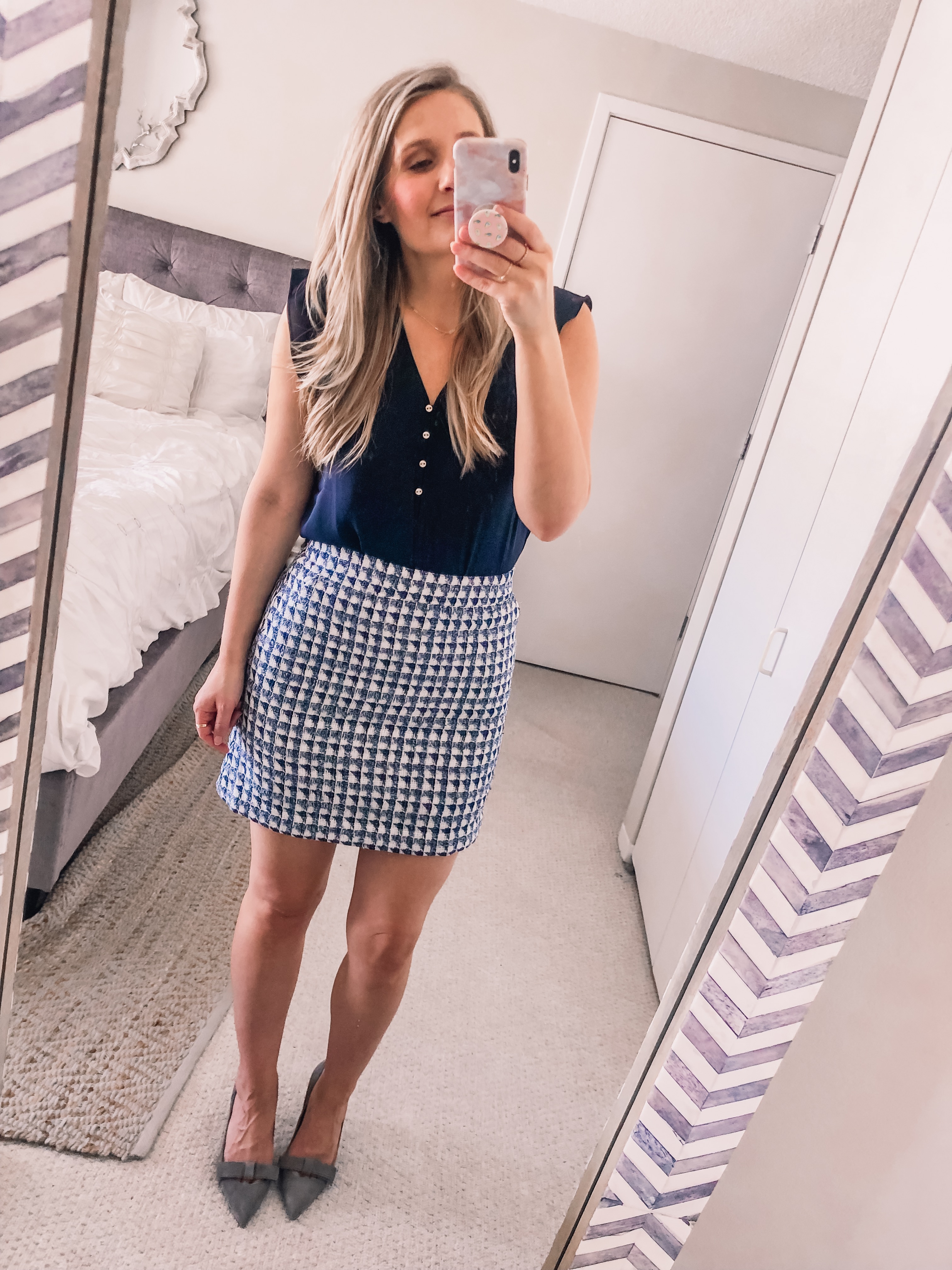 blue geometric print tweed skirt from the loft sale