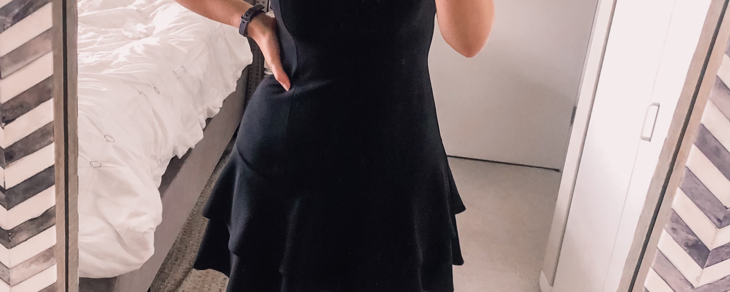 black fit and flare ruffled dress