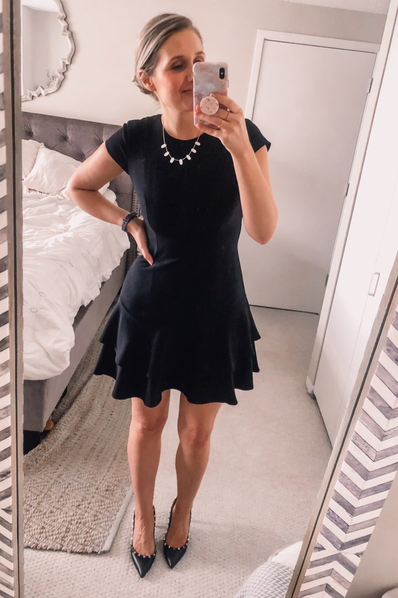 black fit and flare ruffled dress