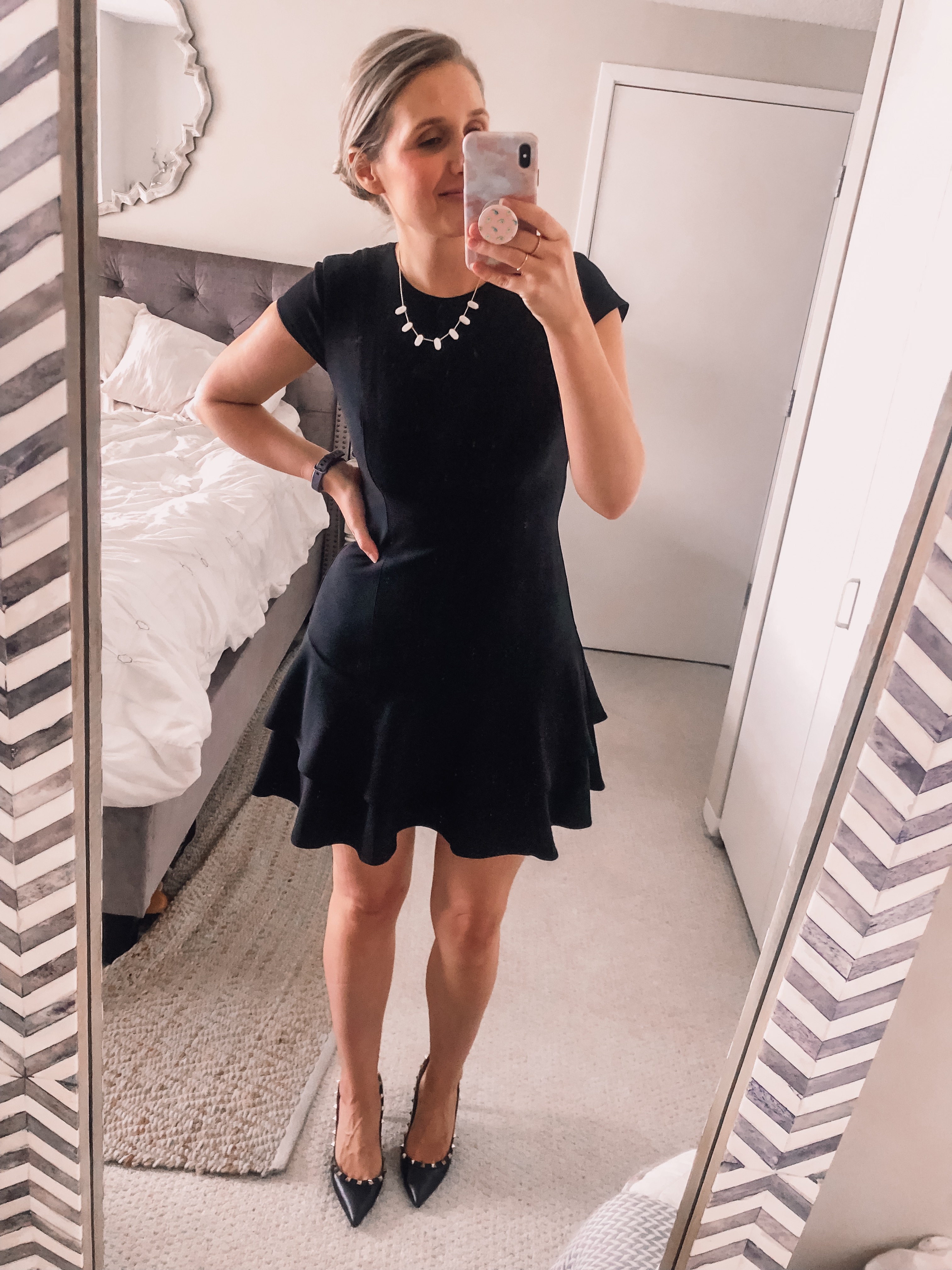 black fit and flare ruffled dress