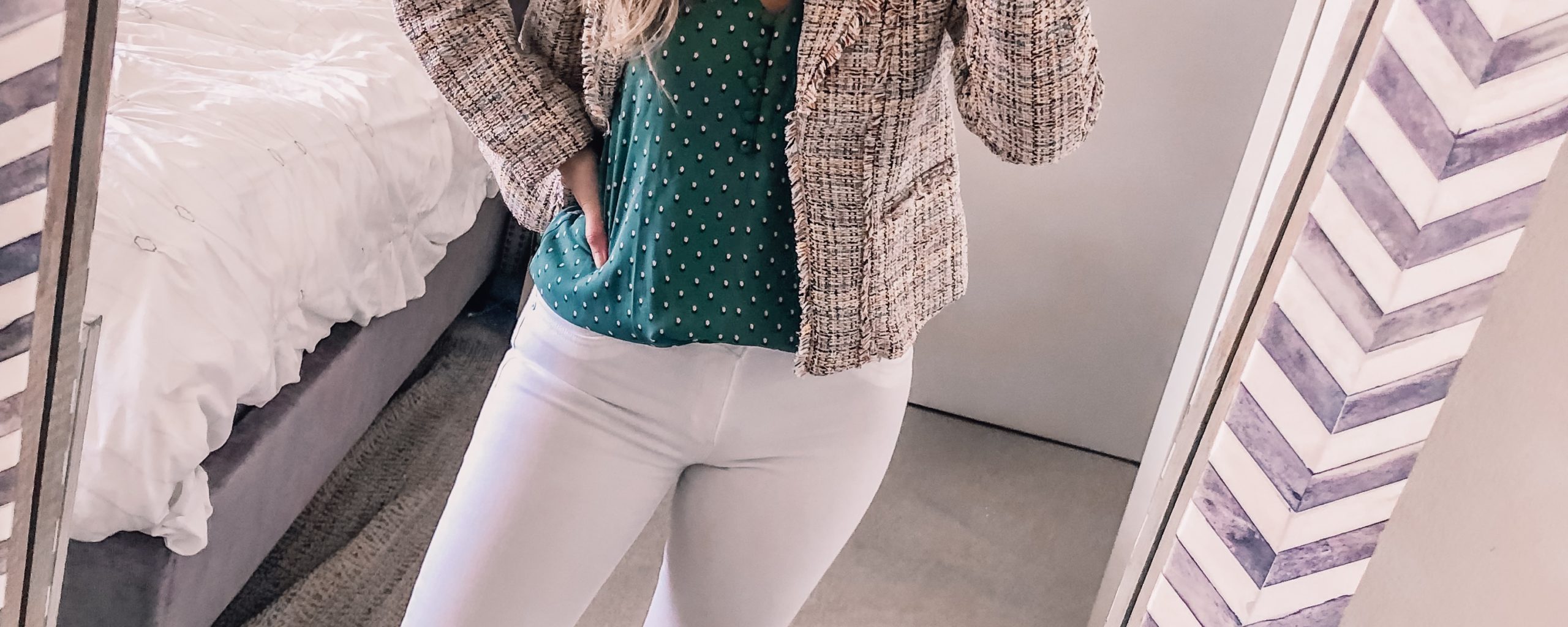 tweed jacket with a green tulip tank top