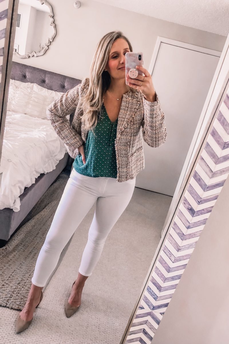 tweed jacket with a green tulip tank top