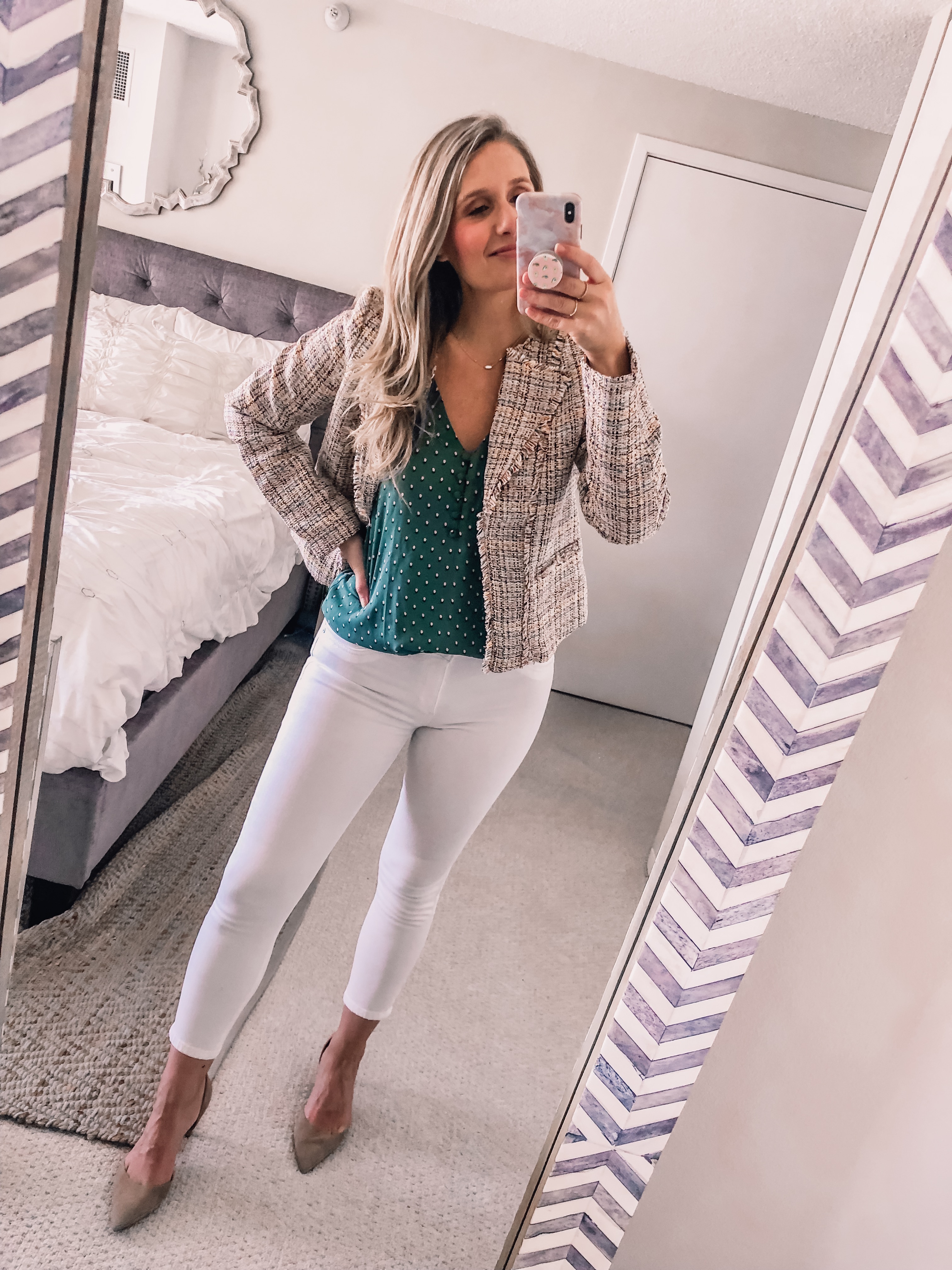 tweed jacket with a green tulip tank top