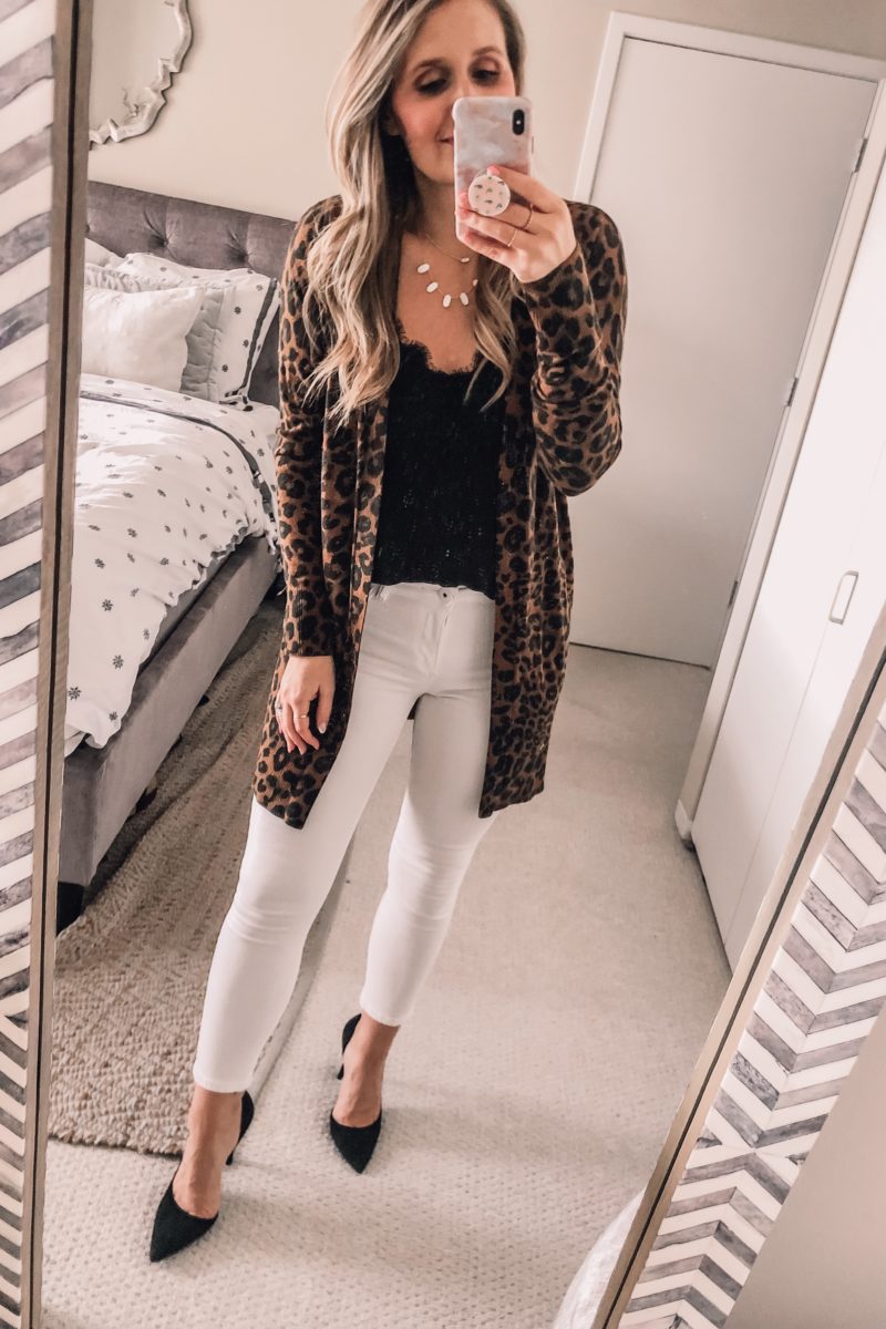 leopard cardigan with a black lace tank