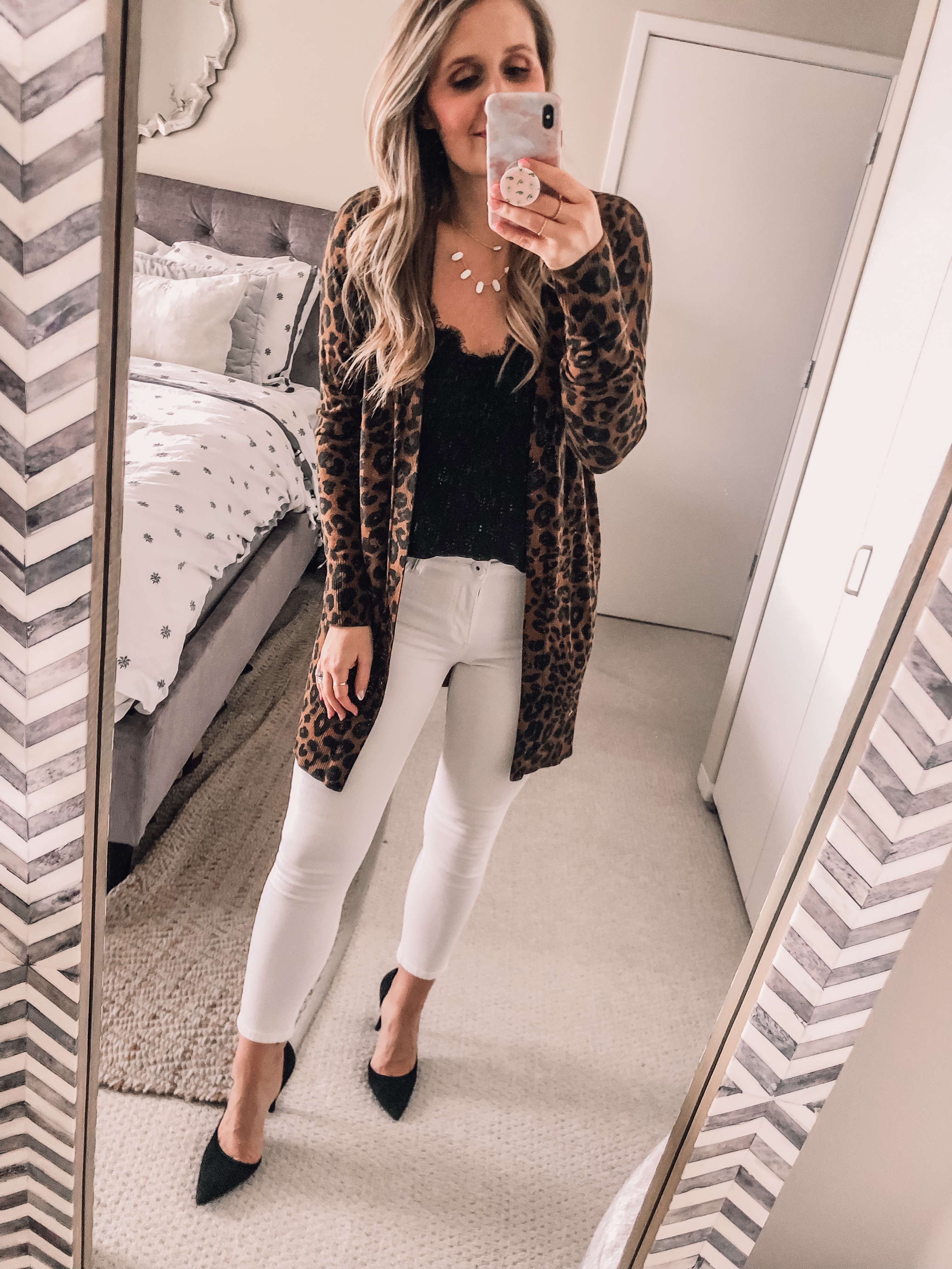 leopard cardigan with a black lace tank