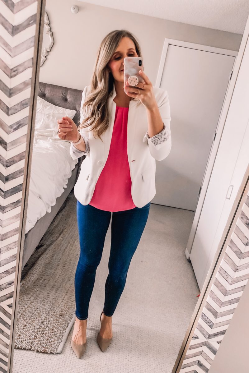 pink date night top and a white blazer