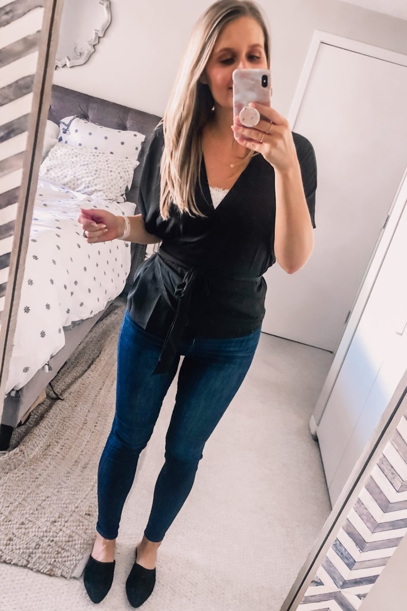 black wrap top for an office fashion outfit idea