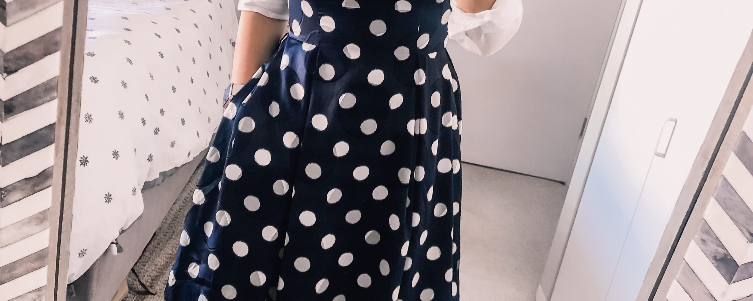 Navy blue office outfit dress with polka dots