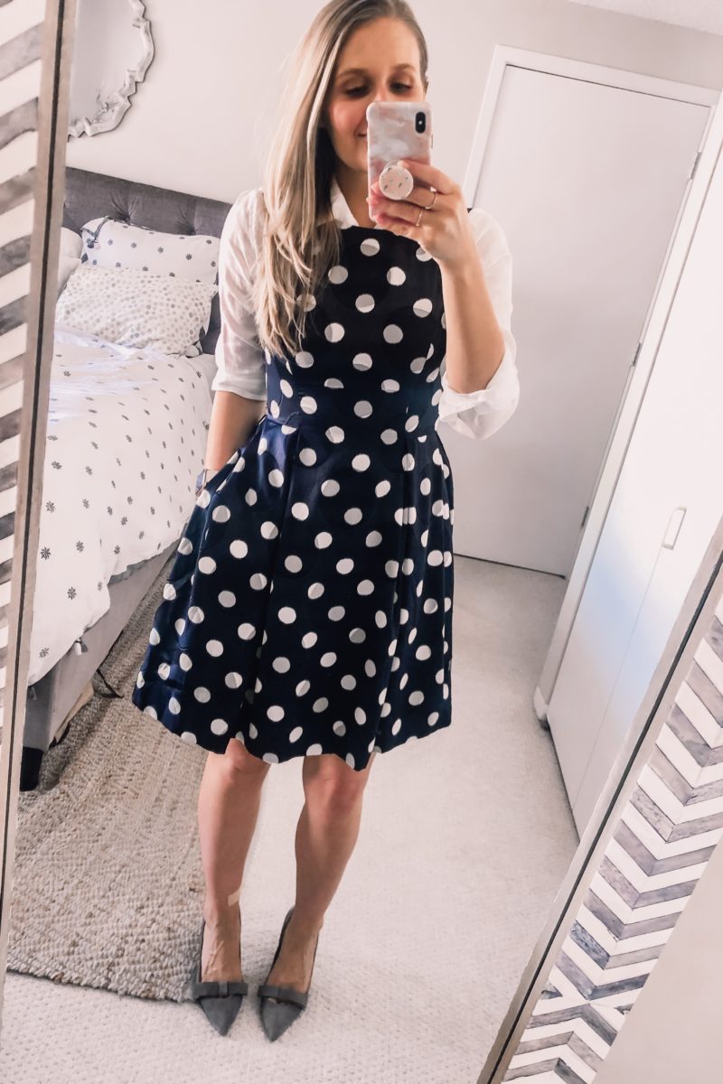 Navy blue office outfit dress with polka dots